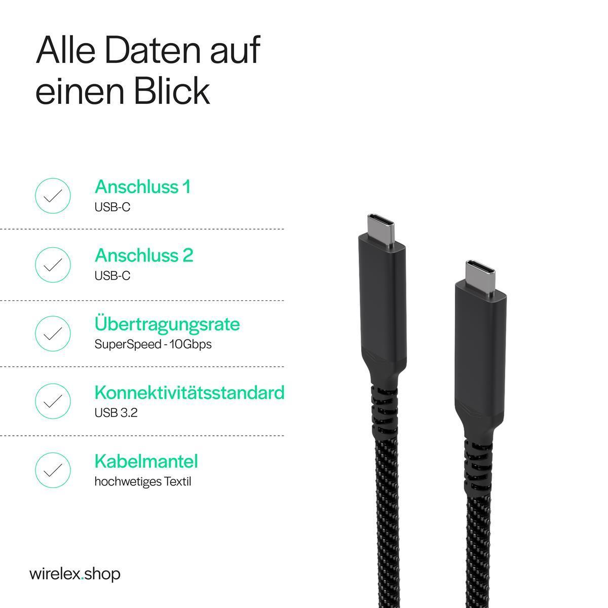 Technische Daten eines USB-C Kabels mit Textilmantel und 10Gbps Übertragungsrate.