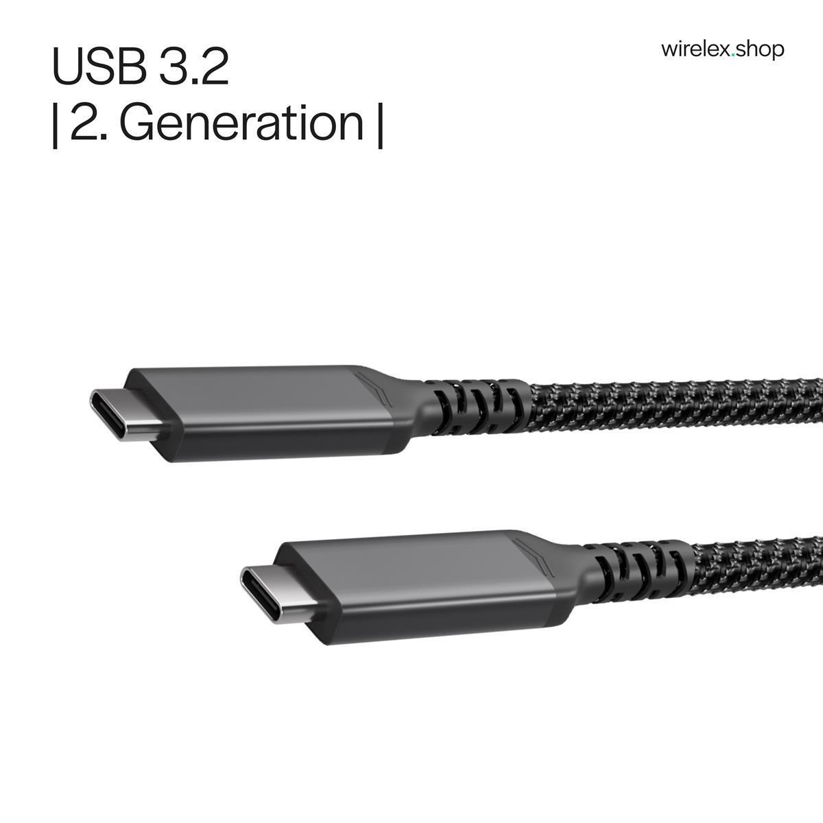 Zwei schwarze geflochtene USB-C-Kabel vor weißem Hintergrund mit Text zu USB 3.2.