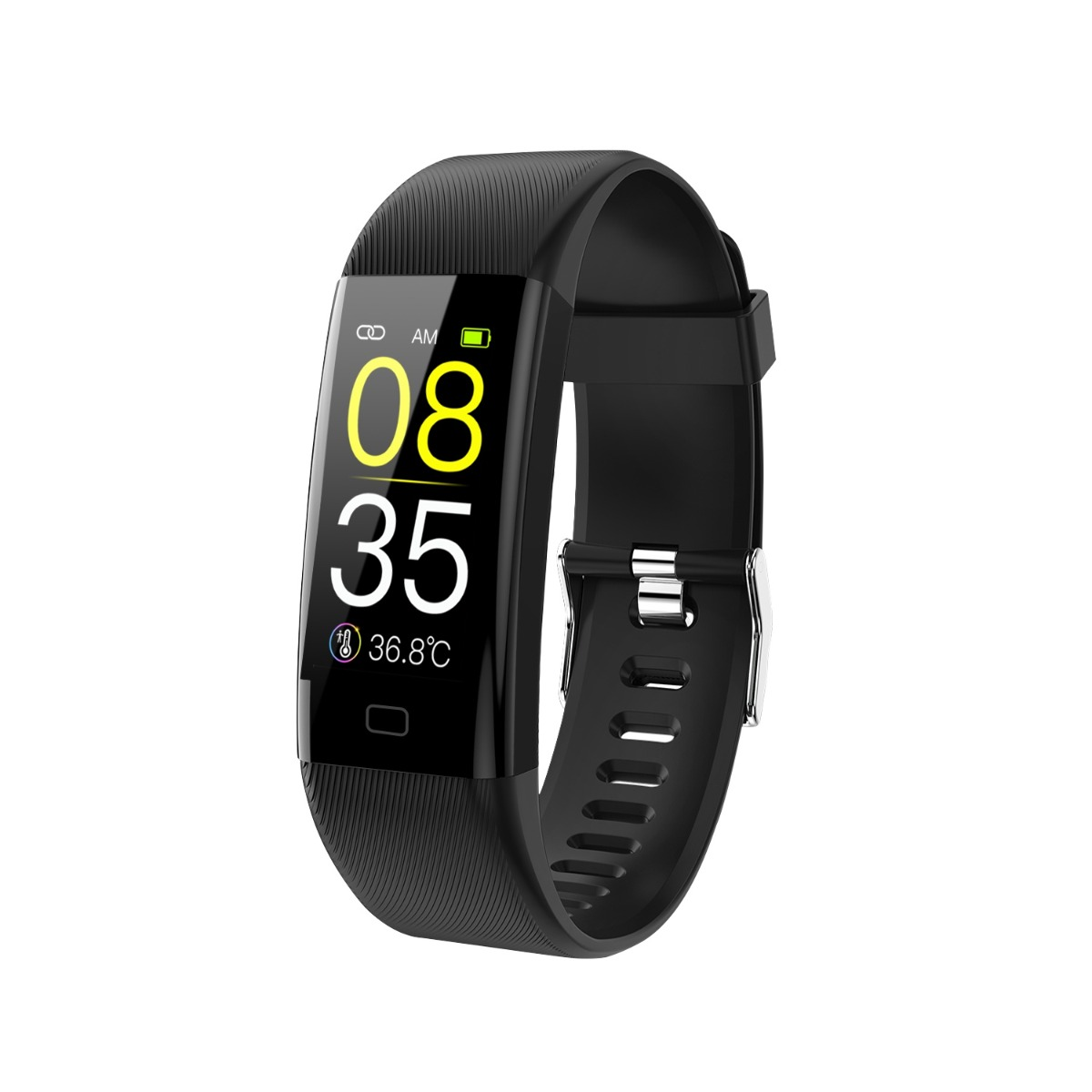 Ein schwarzer Fitness-Tracker mit digitalem Display zeigt 08:35 und 36,8°C an, mit geriffeltem Silikonarmband.