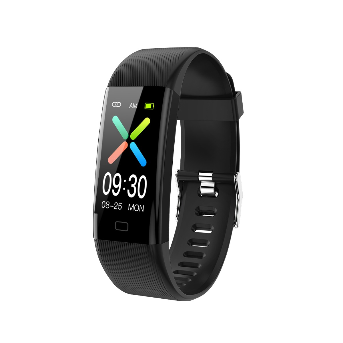 Ein schwarzer Fitnesstracker mit digitaler Zeitanzeige 09:30 und Datum auf weißem Hintergrund.