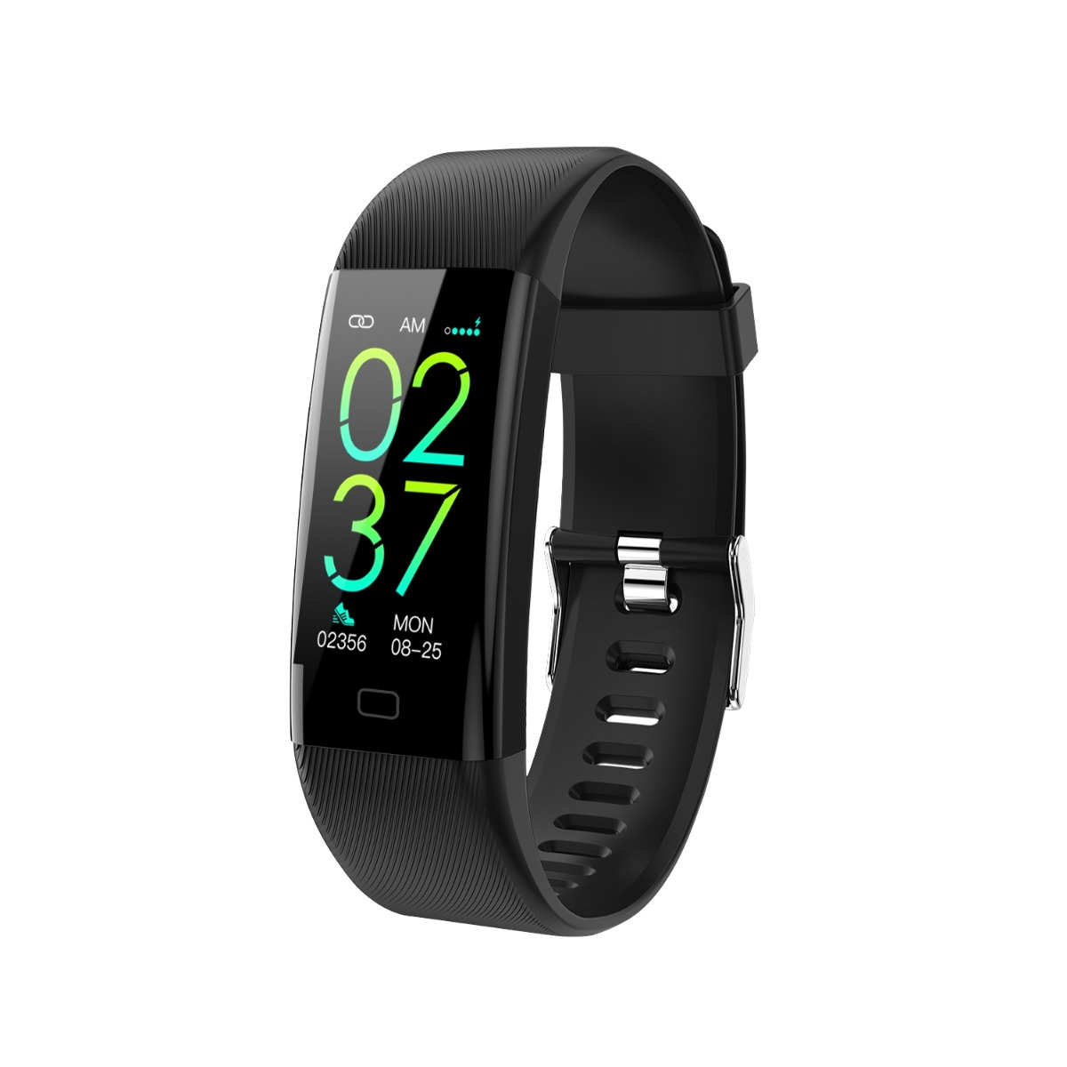 Schwarzes Fitnessarmband mit digitalem Display, das die Uhrzeit 02:37 und grüne Symbole auf weißem Hintergrund anzeigt.