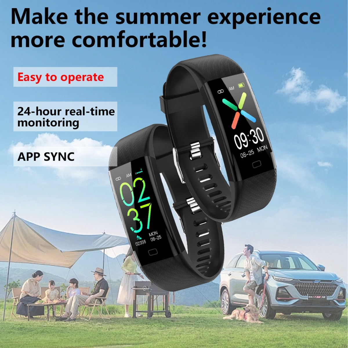 Zwei schwarze Fitness-Tracker vor einer sommerlichen Outdoor-Szene mit Familie und Auto.