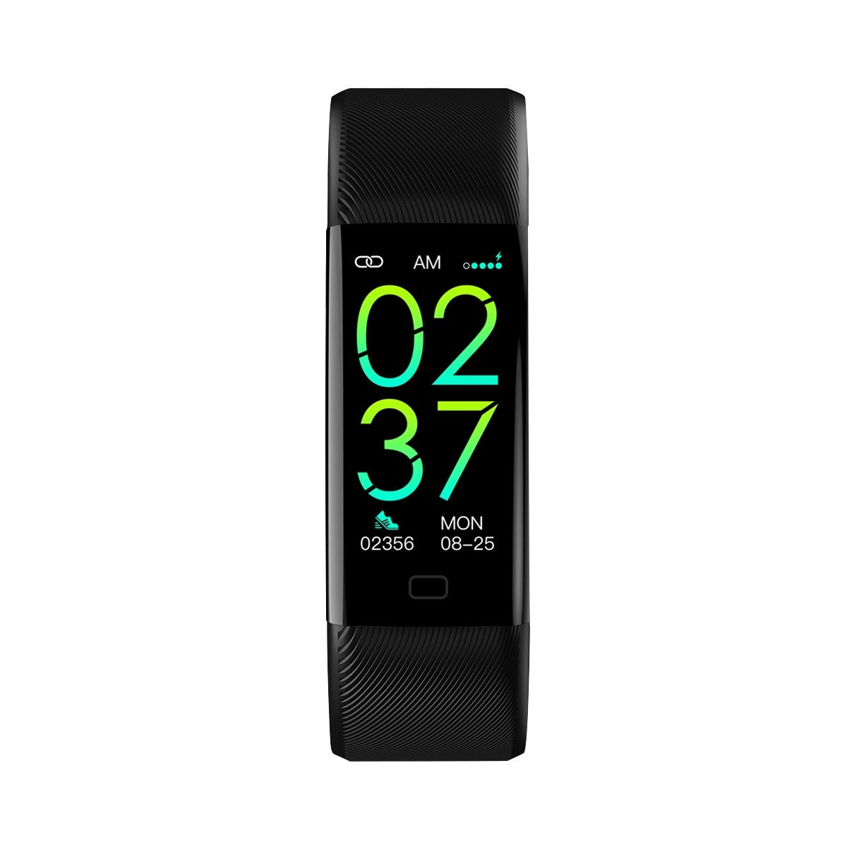 Ein schwarzer Fitnesstracker mit einem hellgrünen Display zeigt Uhrzeit, Schritte und Datum auf weißem Hintergrund.
