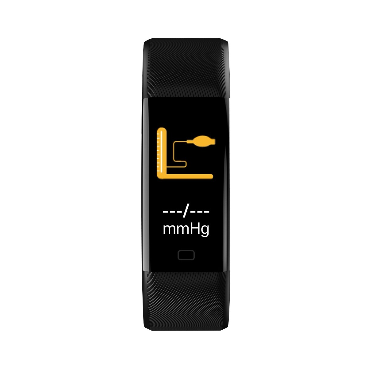 Ein schwarzer Fitness-Tracker mit einem gelben Blutdruck-Symbol und dem Text ---/--- mmHg auf dem Bildschirm.