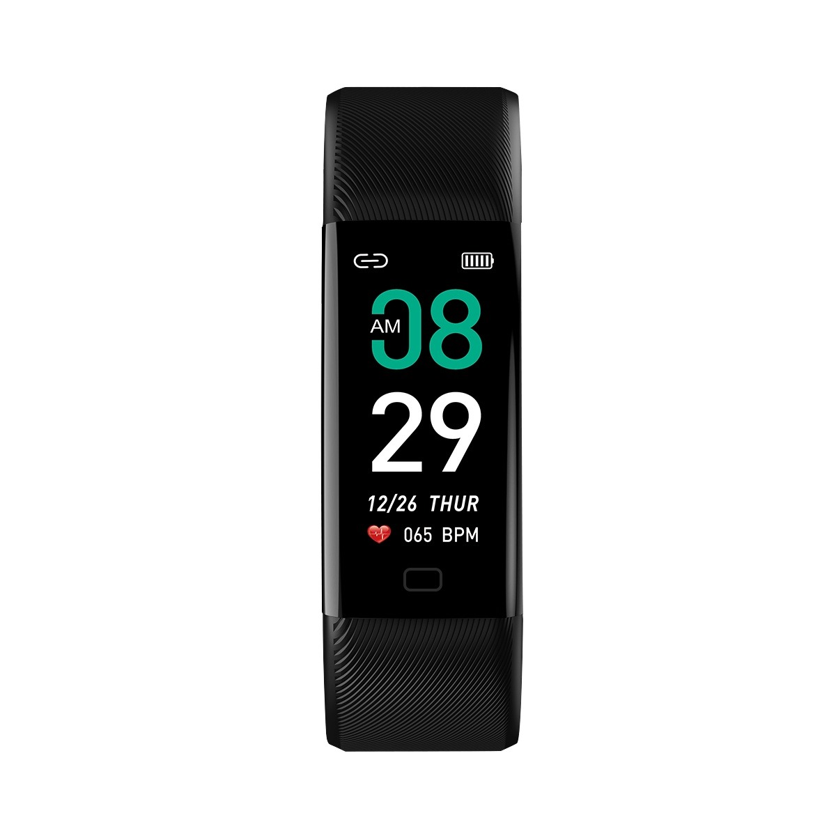 Ein schwarzer Fitness-Tracker mit digitaler Anzeige für Uhrzeit, Datum und Herzfrequenz.