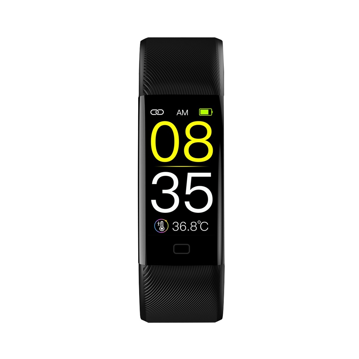Ein schwarzer Fitnesstracker zeigt die Uhrzeit 08:35 Uhr und eine Körpertemperatur von 36,8°C auf weißem Hintergrund.