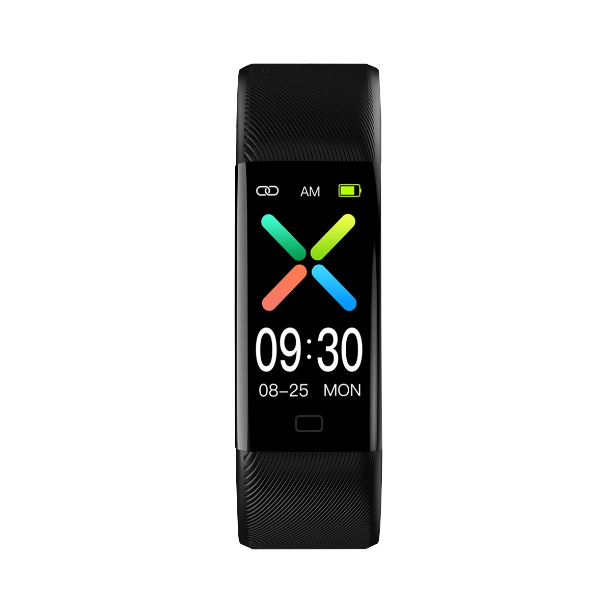 Schwarzes Fitnessarmband mit Farbdisplay zeigt 09:30 AM und Datum auf weißem Hintergrund.