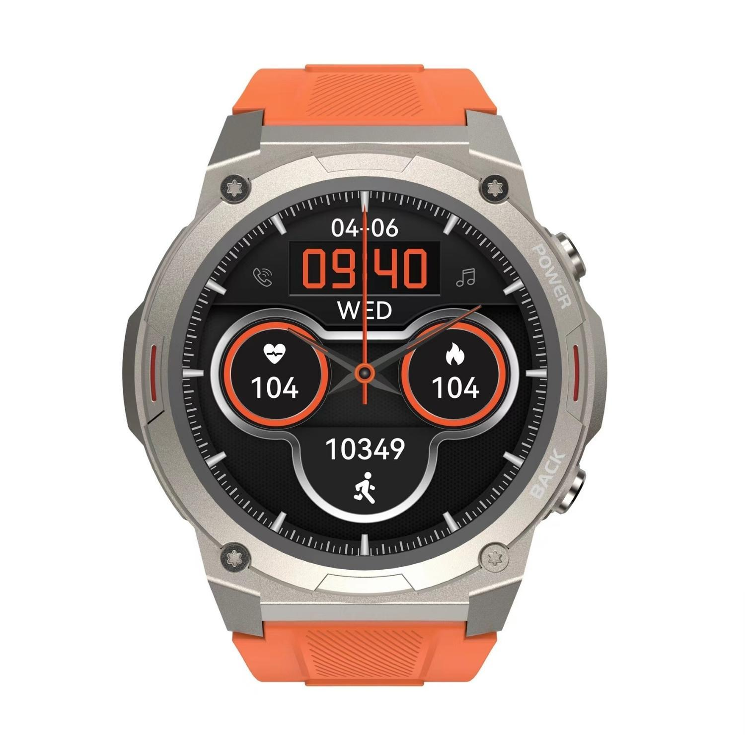 Wytrzymały smartwatch z pomarańczowym silikonowym paskiem i cyfrowym wyświetlaczem.