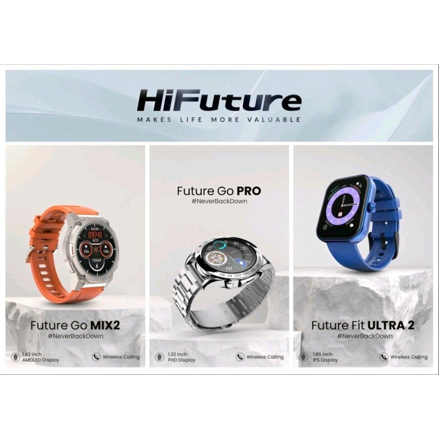 Smartwatche HiFuture: Future Go MIX2 w kolorze pomarańczowym, Future Go PRO w srebrnym i Future Fit ULTRA 2 w niebieskim.