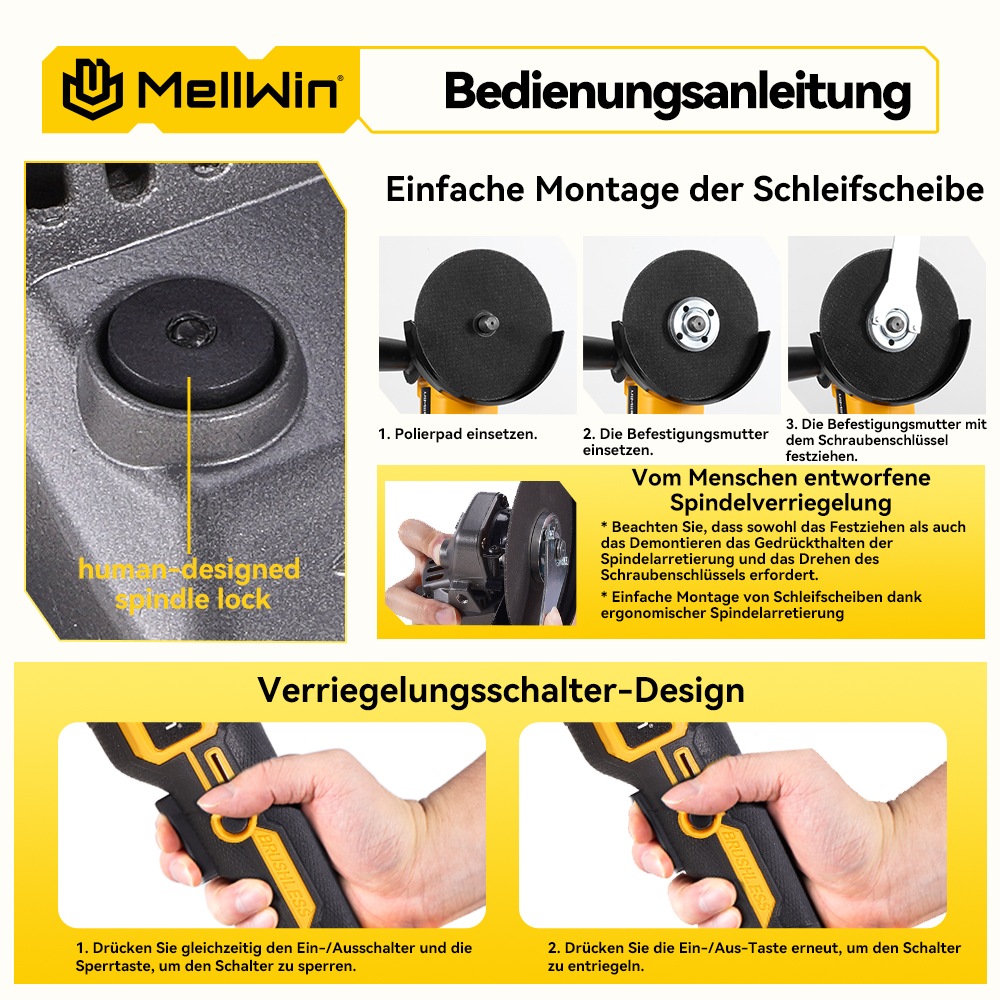 Anleitung zur Montage der Schleifscheibe und Spindelarretierung an einer MellWin Schleifmaschine.