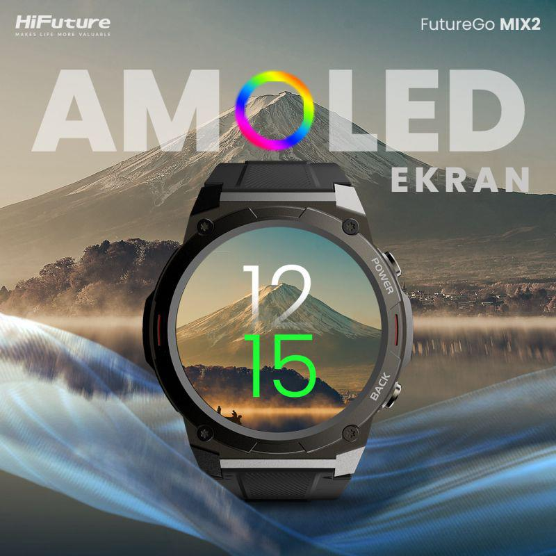 Czarny smartwatch HiFuture FutureGo MIX2 z ekranem AMOLED na tle górskiego krajobrazu.
