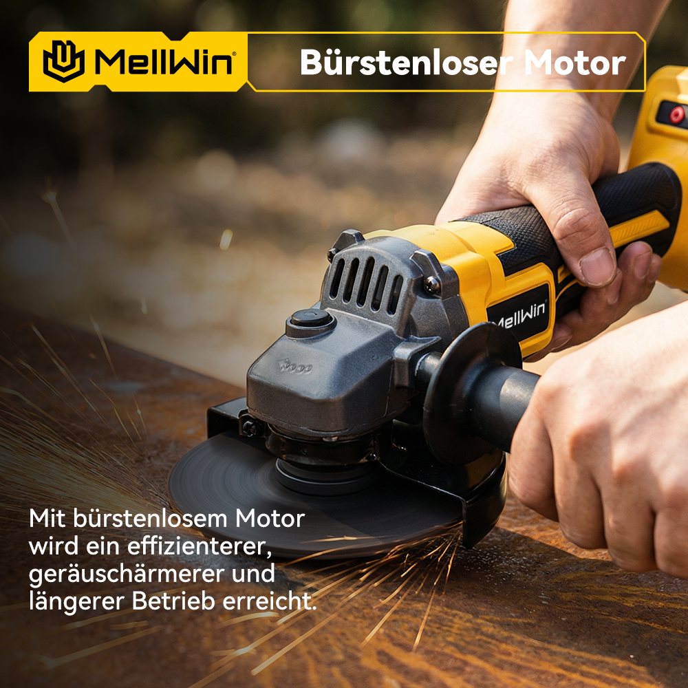 Ein gelber MellWin Winkelschleifer schneidet Metall und erzeugt Funken.