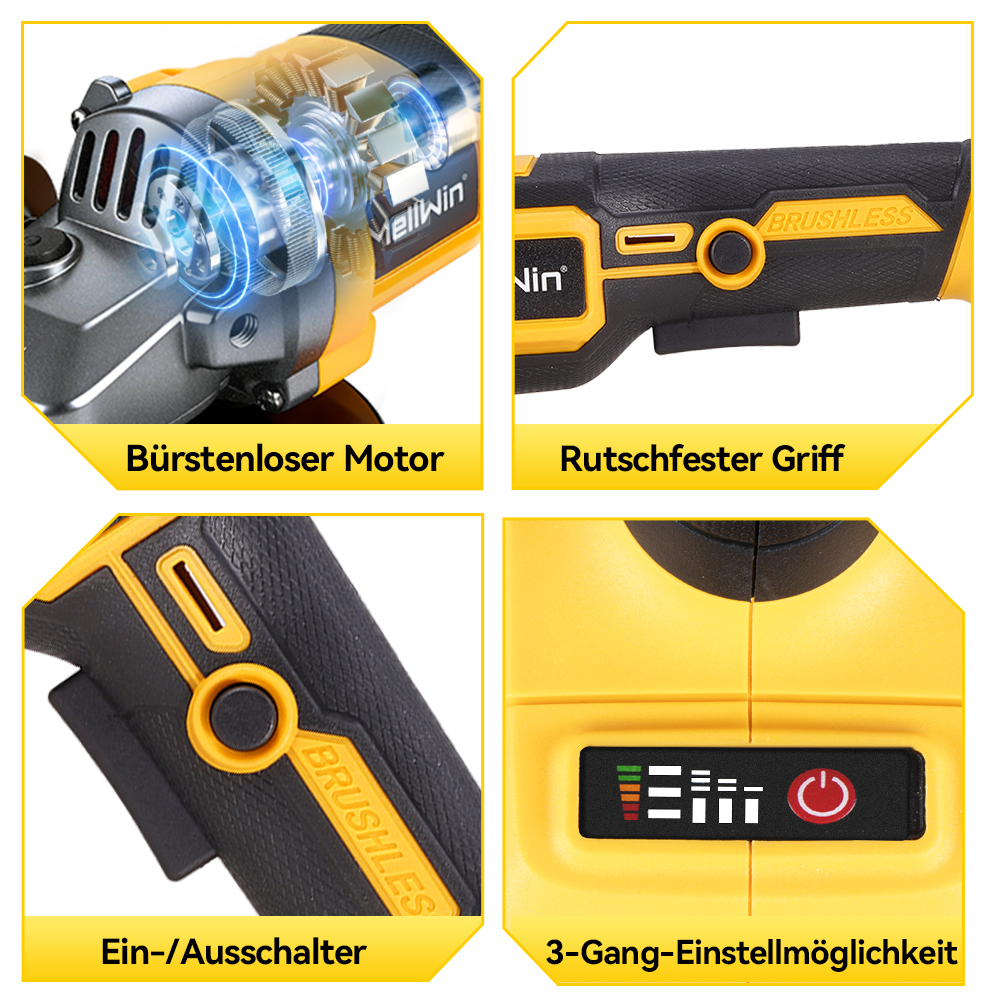 Vier Felder mit Merkmalen eines gelb-schwarzen Akku-Werkzeugs: Motor, Griff, Schalter und Stufen.