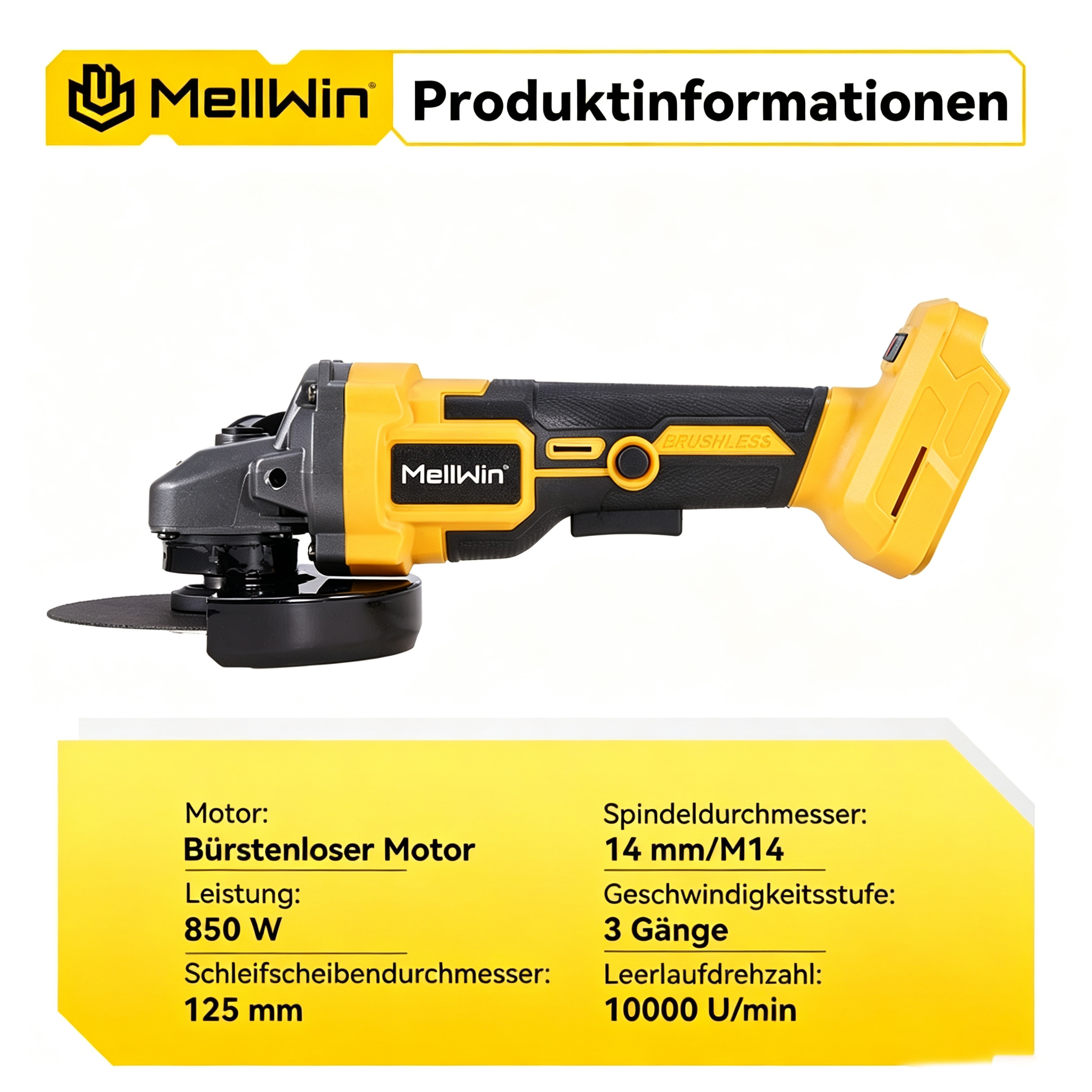 Gelb-schwarzer MellWin Akku-Winkelschleifer mit Produktdaten auf gelbem Grund.