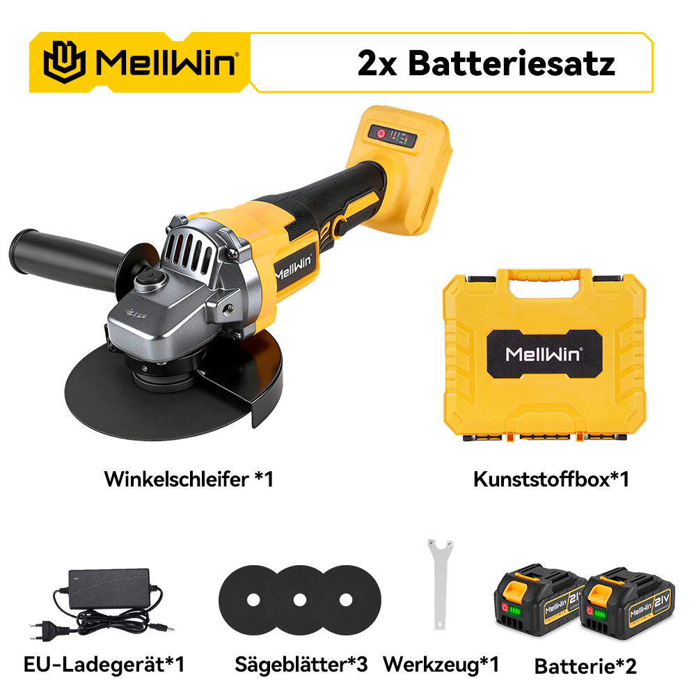 Gelber Winkelschleifer mit Akku, Koffer, Ladegerät, Sägeblättern, Werkzeug und Batterien auf weißem Hintergrund.