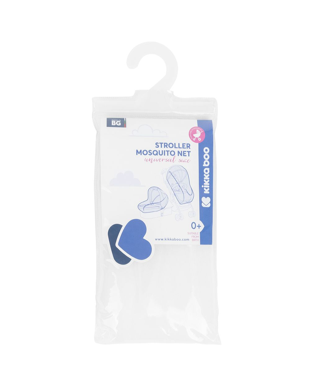 Ein verpacktes Kikka Boo Kinderwagen-Moskitonetz mit Haken, blauen Herzaufklebern und Produktinfos.