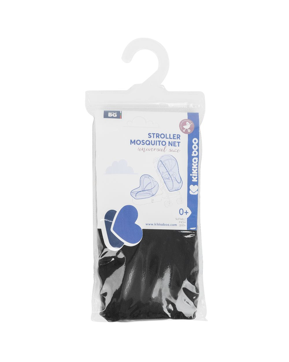 Ein verpacktes Kikka Boo Kinderwagen-Moskitonetz mit blau-weißer Marke und Illustrationen von Kinderwagen.