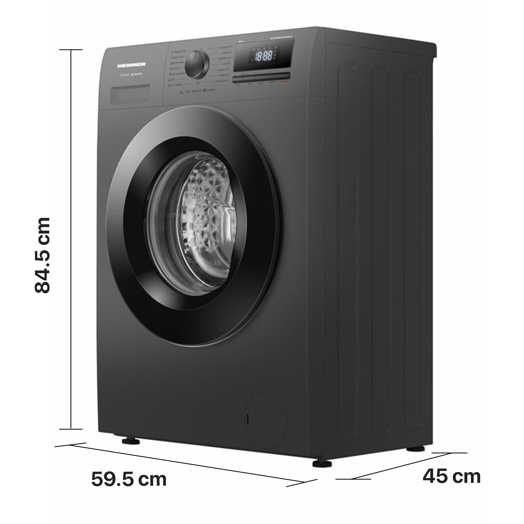 Donkergrijze wasmachine met afmetingen van 84,5 x 59,5 x 45 cm.