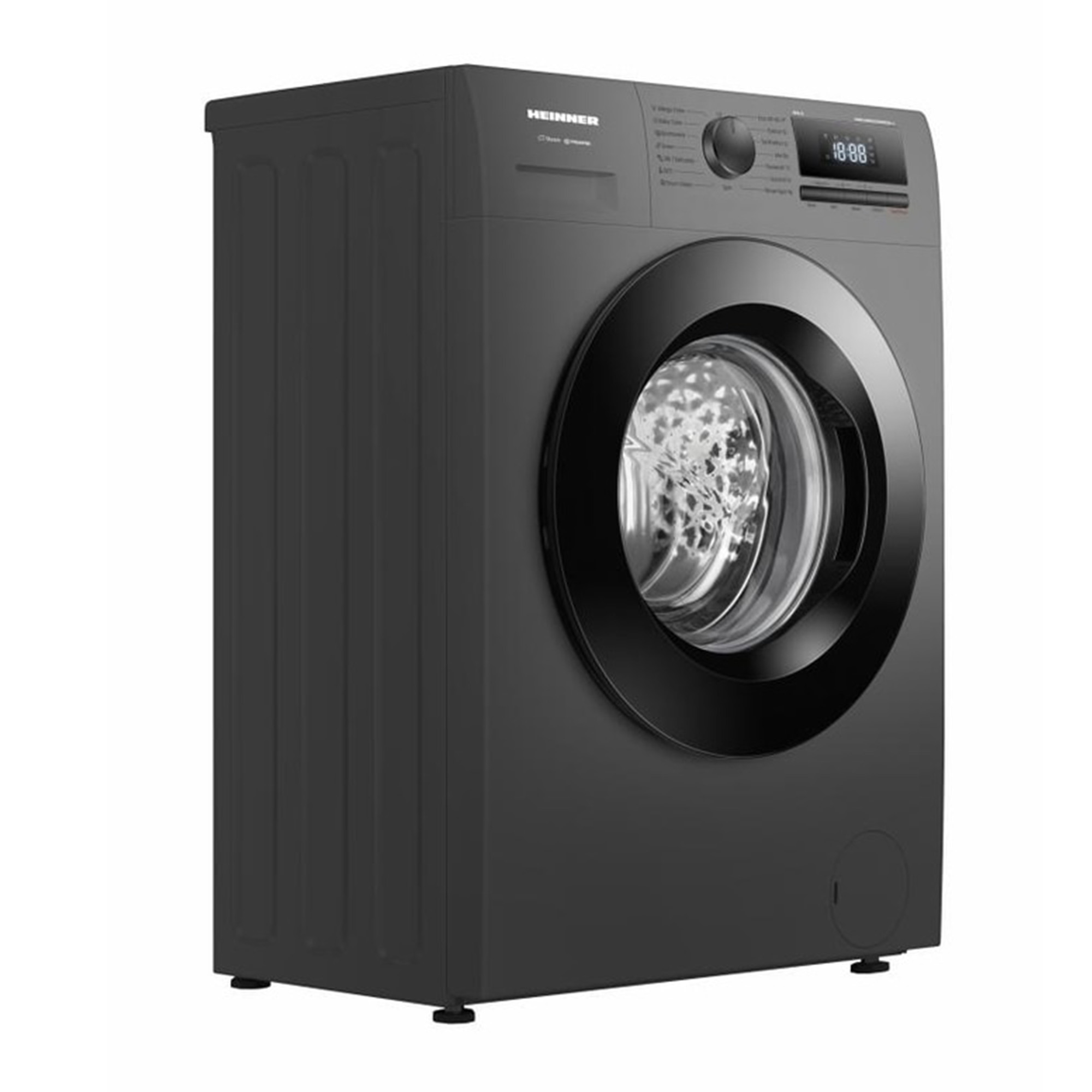Een moderne donkergrijze wasmachine met zwarte deur, digitaal display en draaiknop op witte achtergrond.