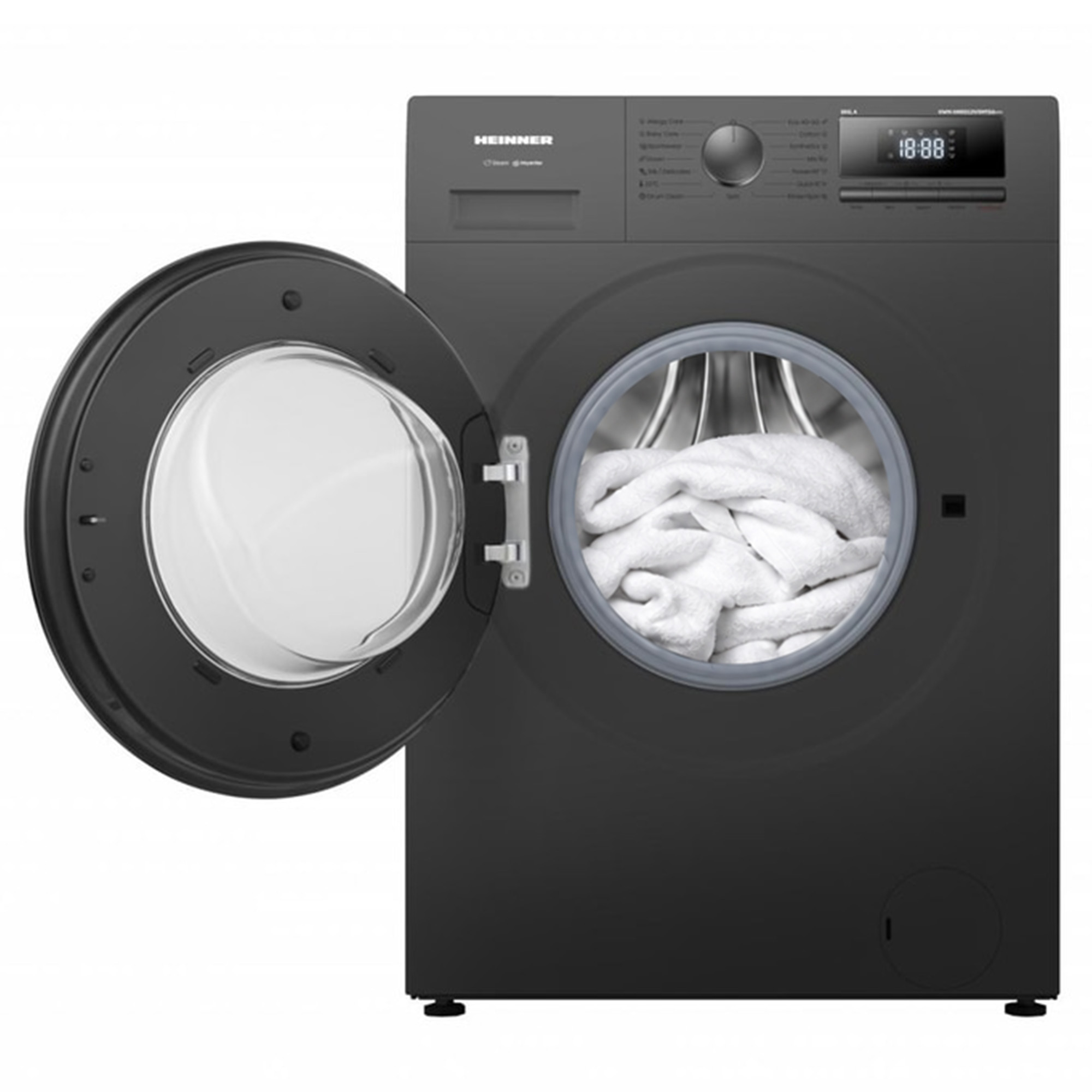 Een zwarte voorlader wasmachine met open deur en witte was erin.