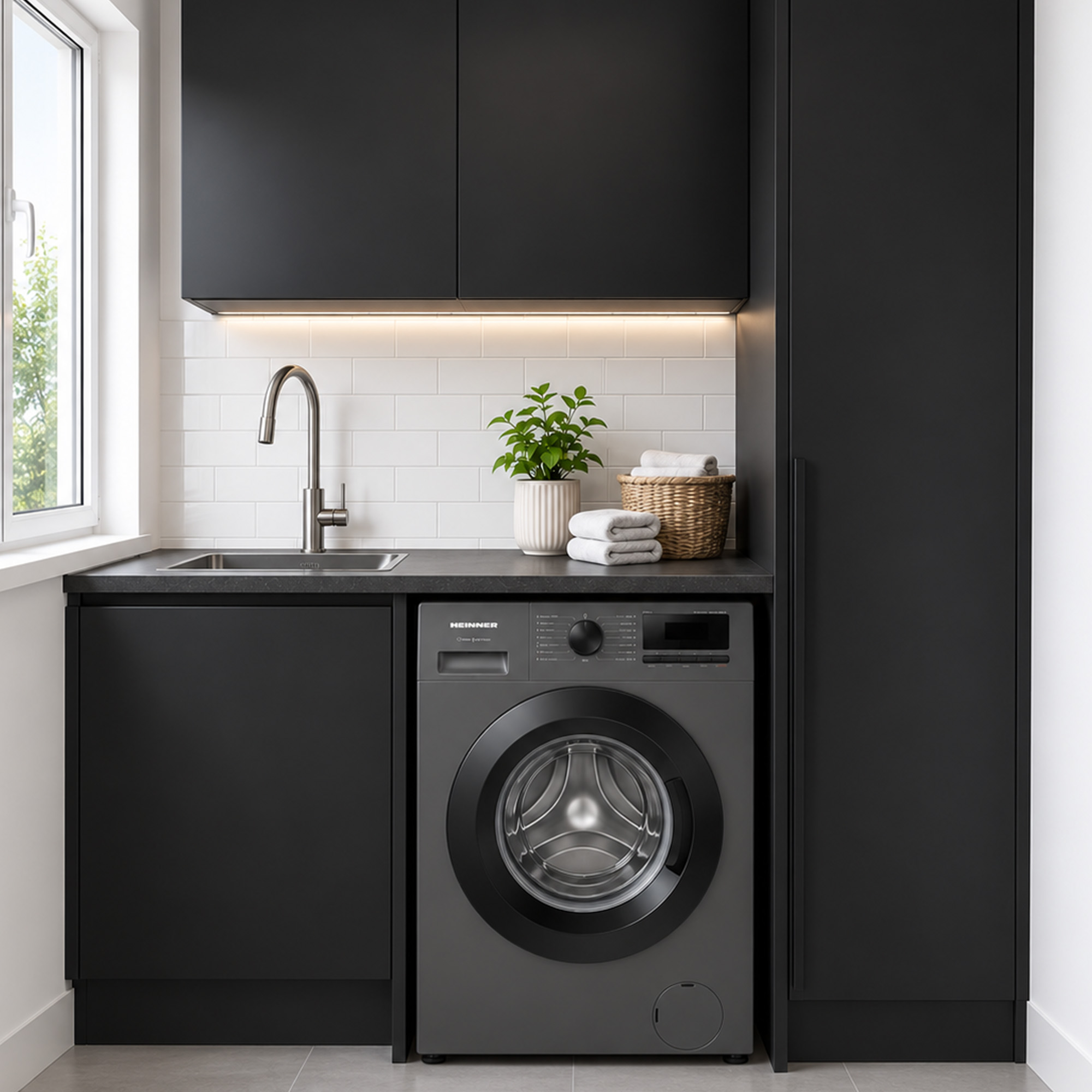 Moderne zwarte bijkeuken met wasmachine, gootsteen, witte tegels en bovenkasten.