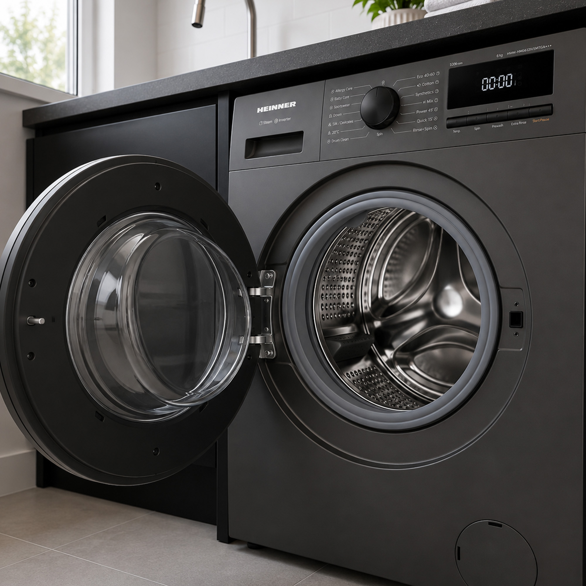 Een zwarte Heinner wasmachine met open deur staat in een moderne keuken.