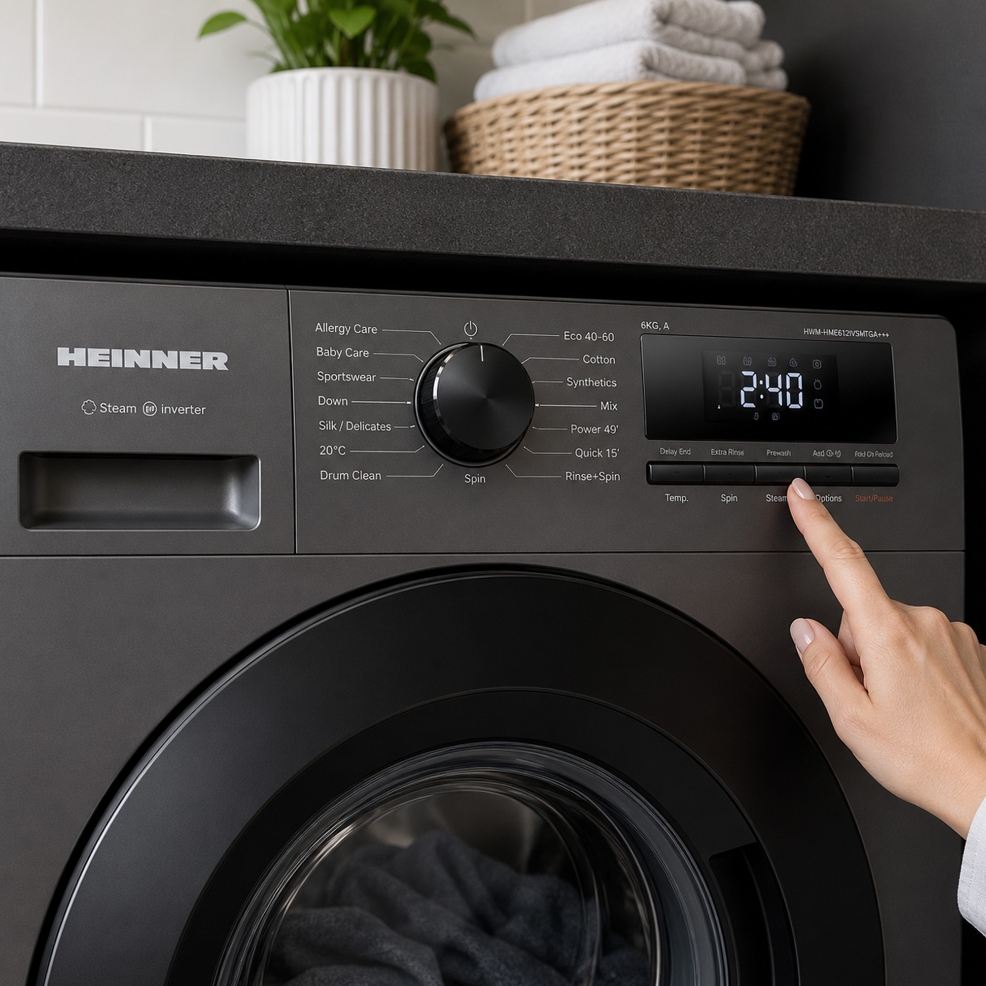 Een hand drukt op een knop op het bedieningspaneel van een donkergrijze Heinner-wasmachine.