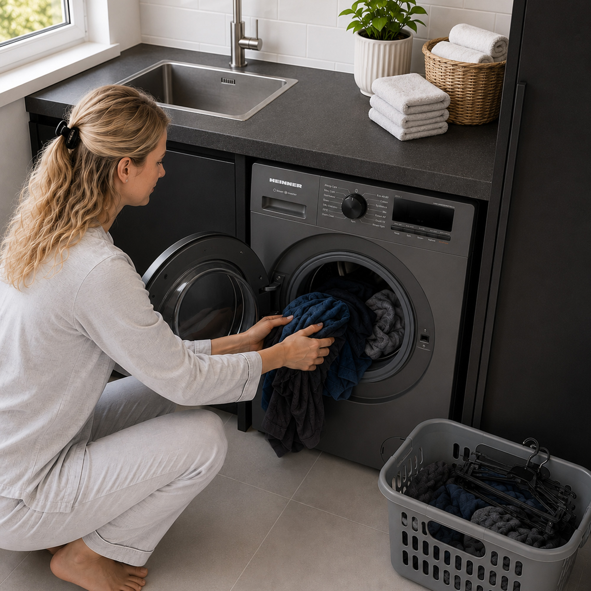 Une femme blonde en pyjama gris charge du linge foncé dans un lave-linge gris dans une cuisine moderne.