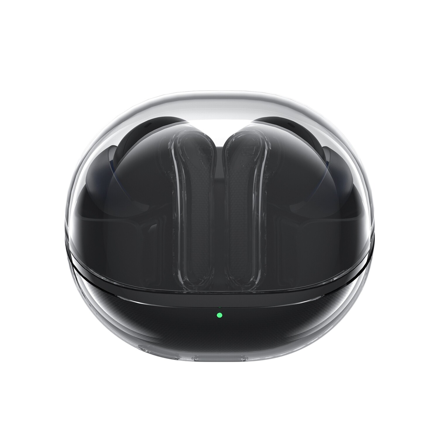 Schwarze In-Ear-Kopfhörer in einem runden, transparenten Ladeetui mit grüner LED-Anzeige.