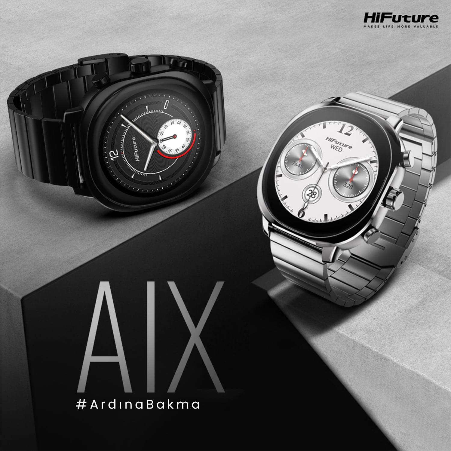 Two HiFuture smartwatch models, one black and one silver, displayed on a geometric dark and concrete background.
