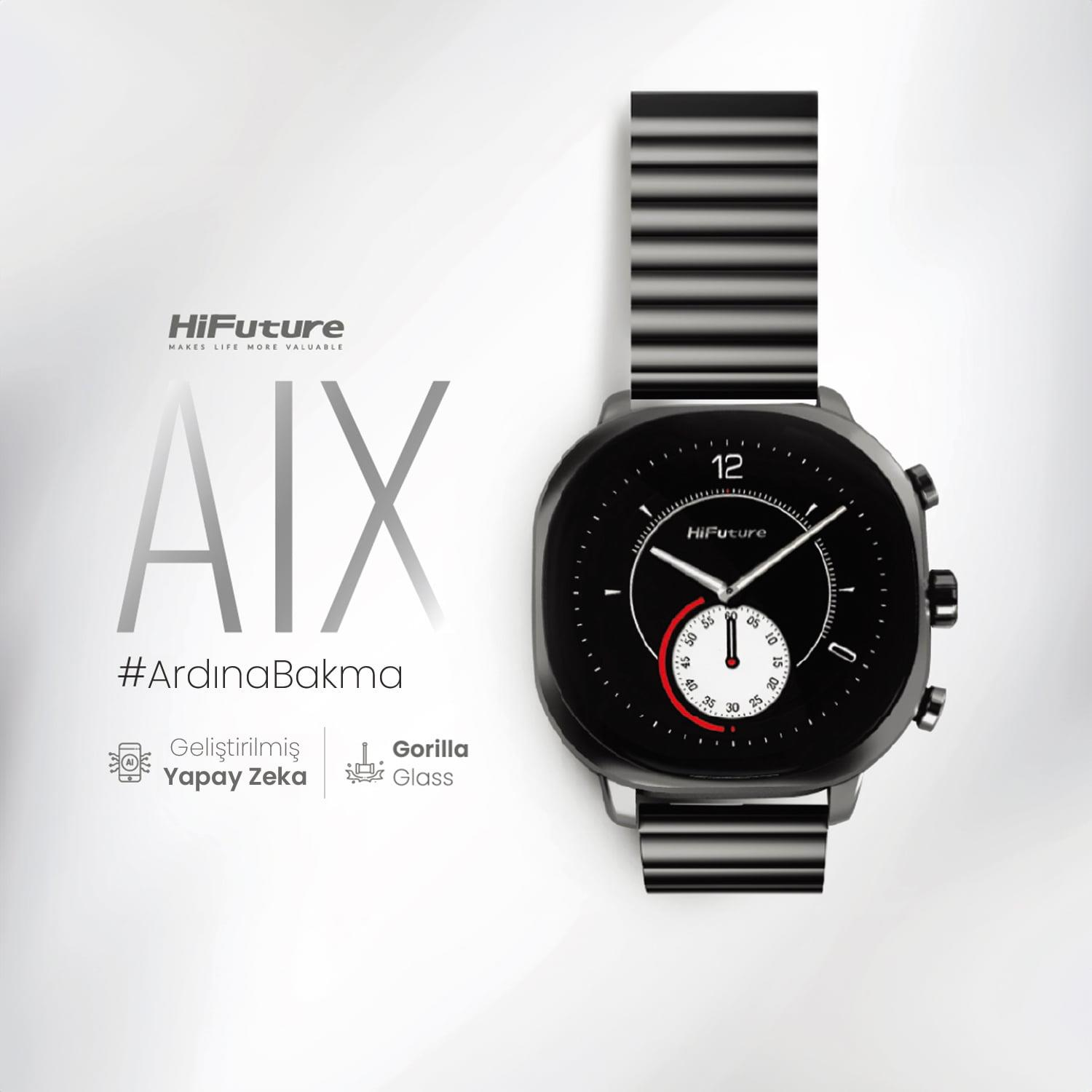 Black AIX smartwatch with a metal strap against a white background with text and icons.