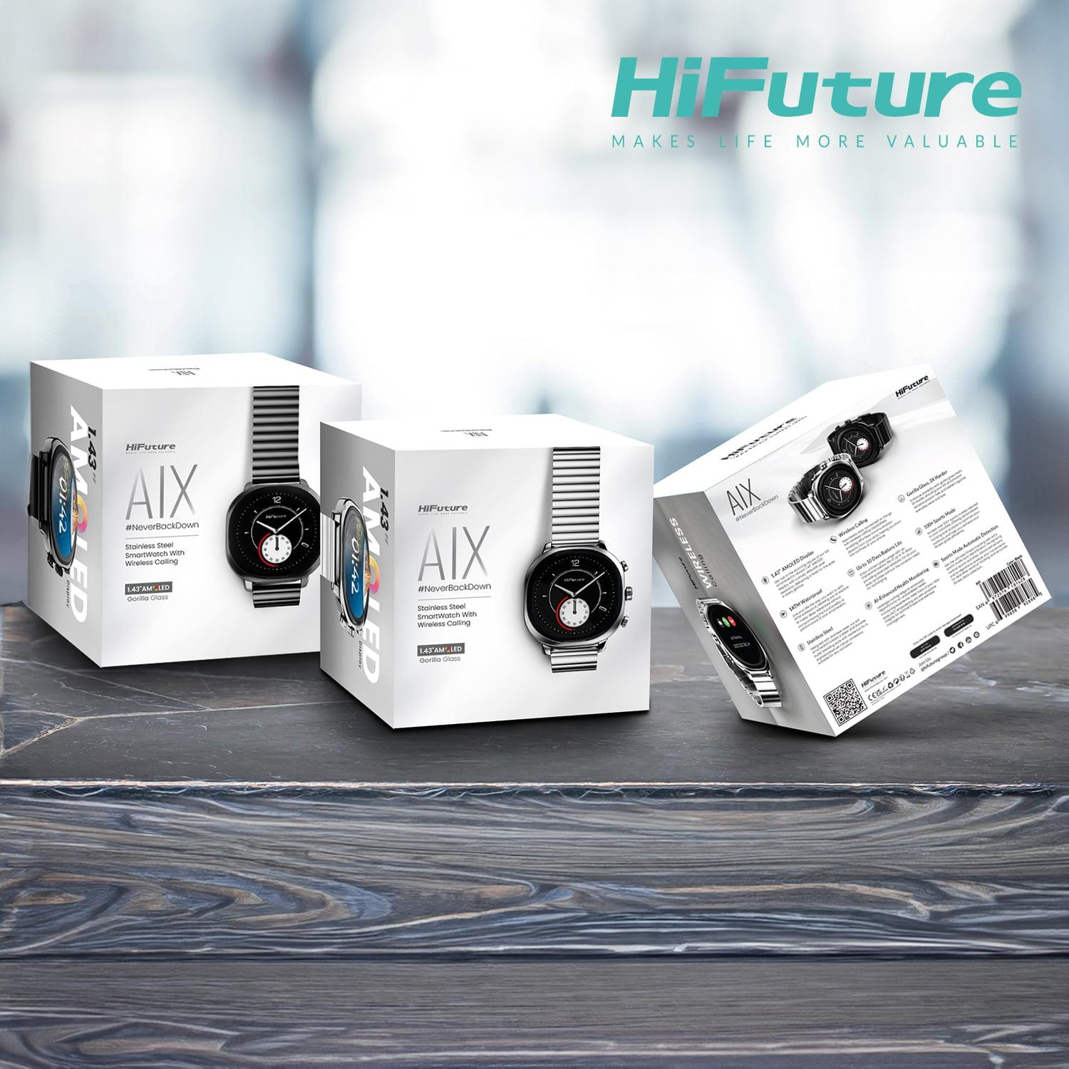 Three white HiFuture AIX smartwatch product boxes stand on a dark wooden surface.