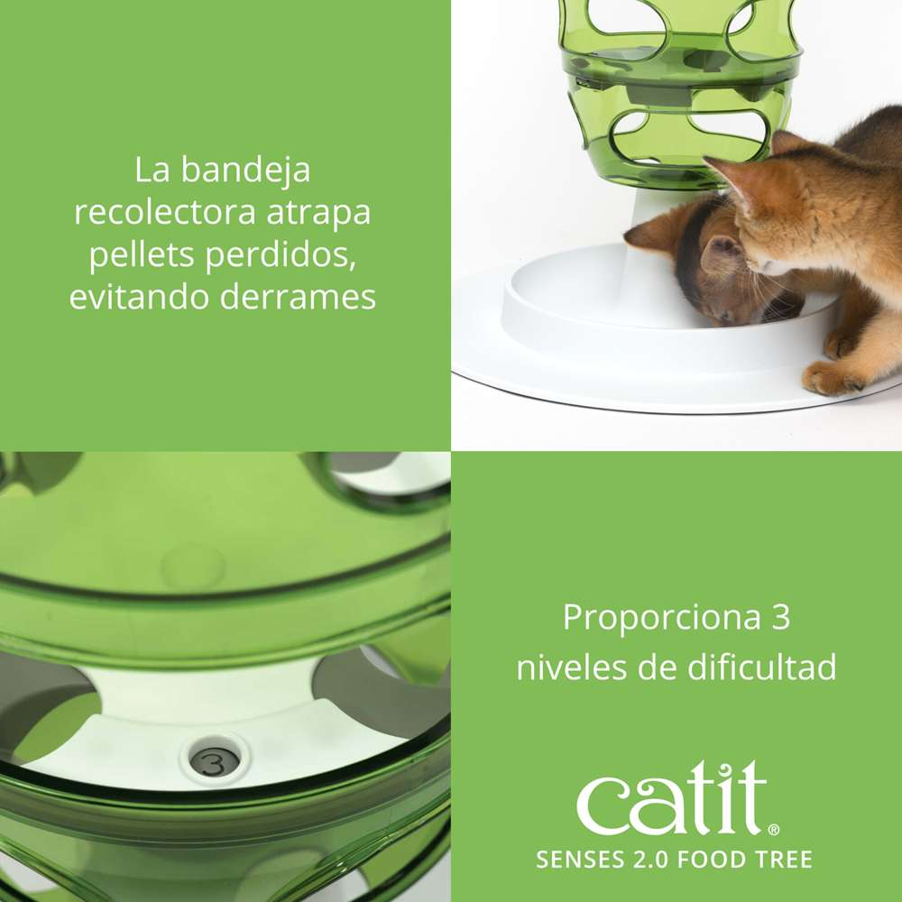 Un gato come de un árbol de comida verde Catit Senses 2.0 con bandeja blanca.