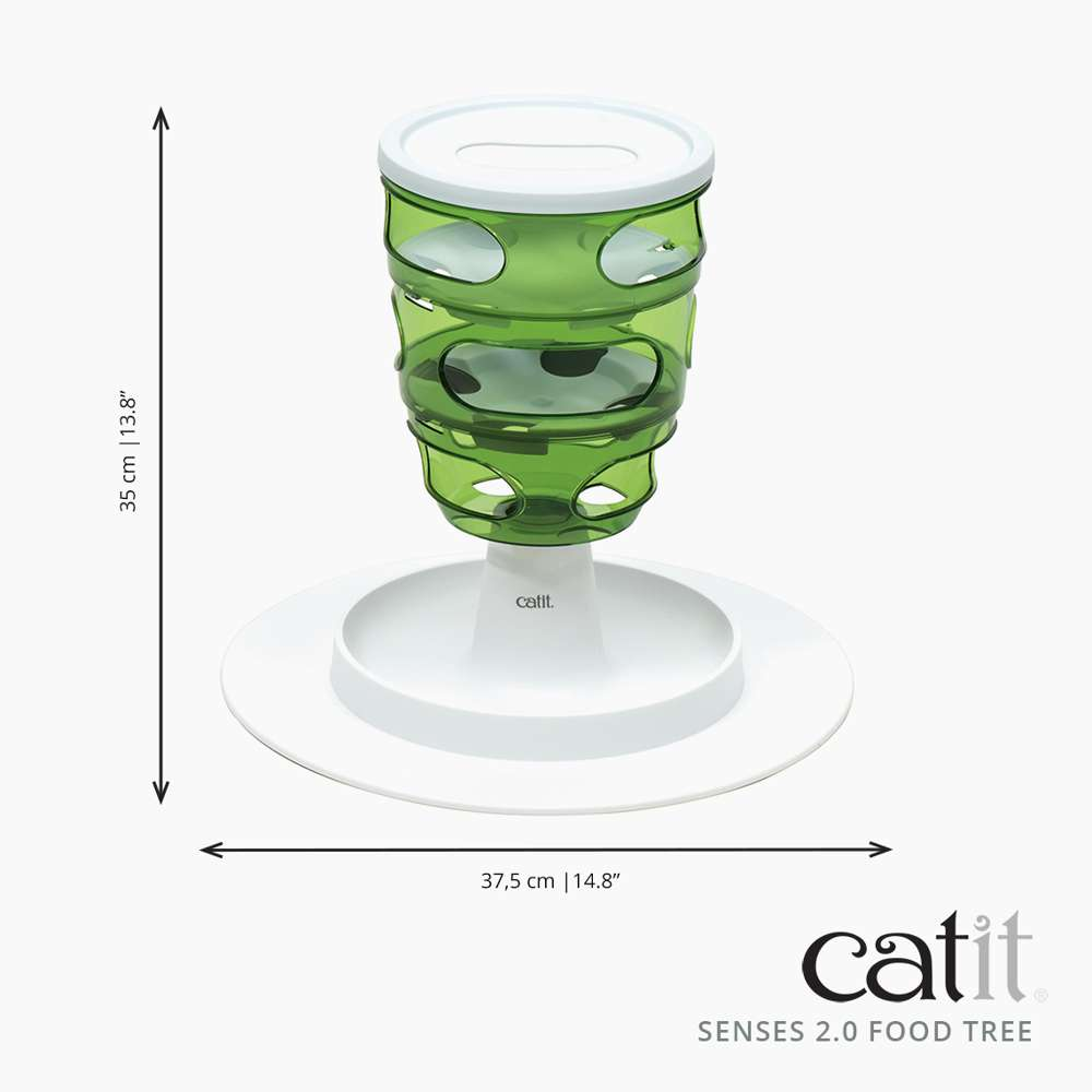 Árbol de comida Catit Senses 2.0 con niveles de plástico verde, base blanca y dimensiones de 35 cm de alto y 37,5 cm de ancho.