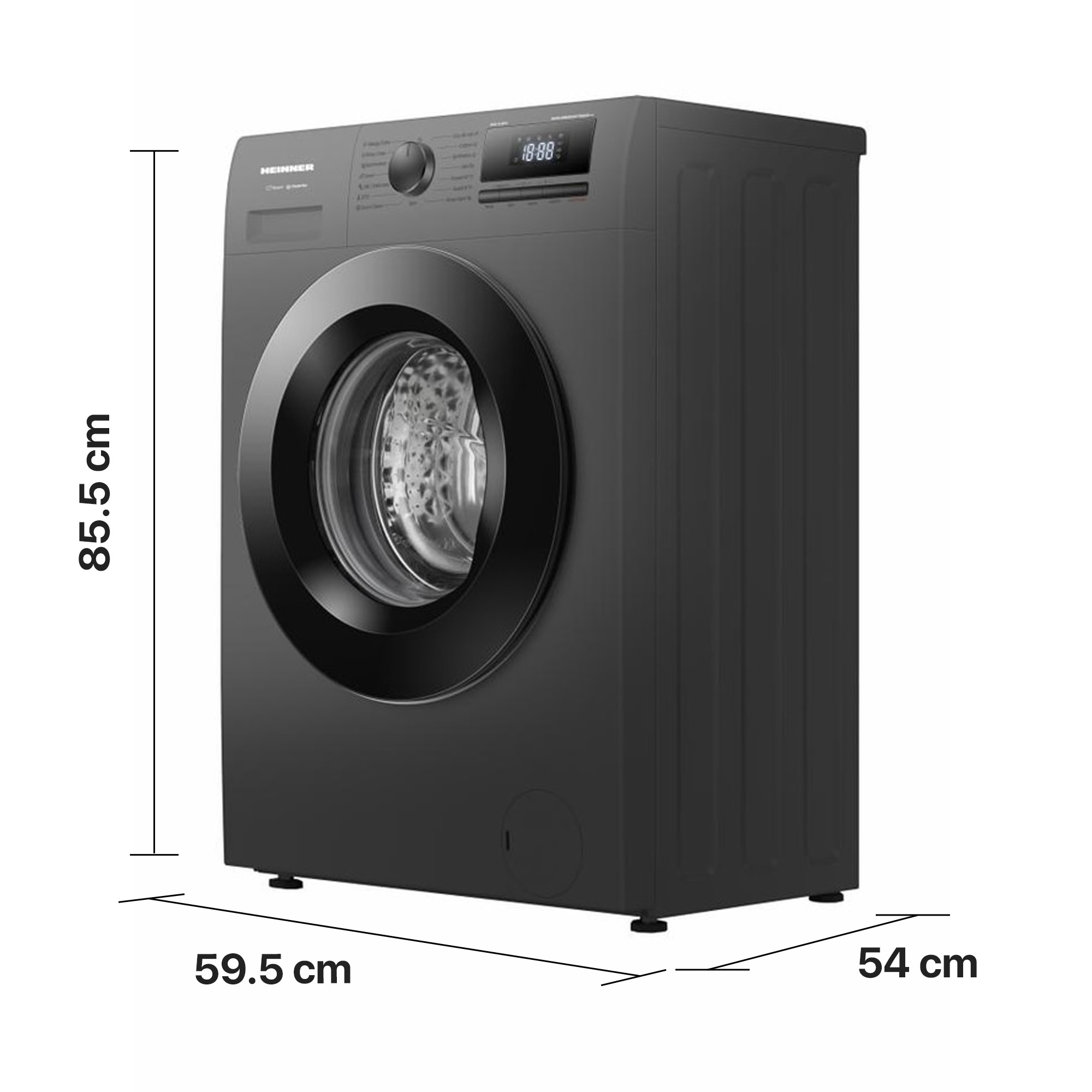 Zwarte voorlader wasmachine met afmetingen van 85,5 cm hoog, 59,5 cm breed en 54 cm diep.