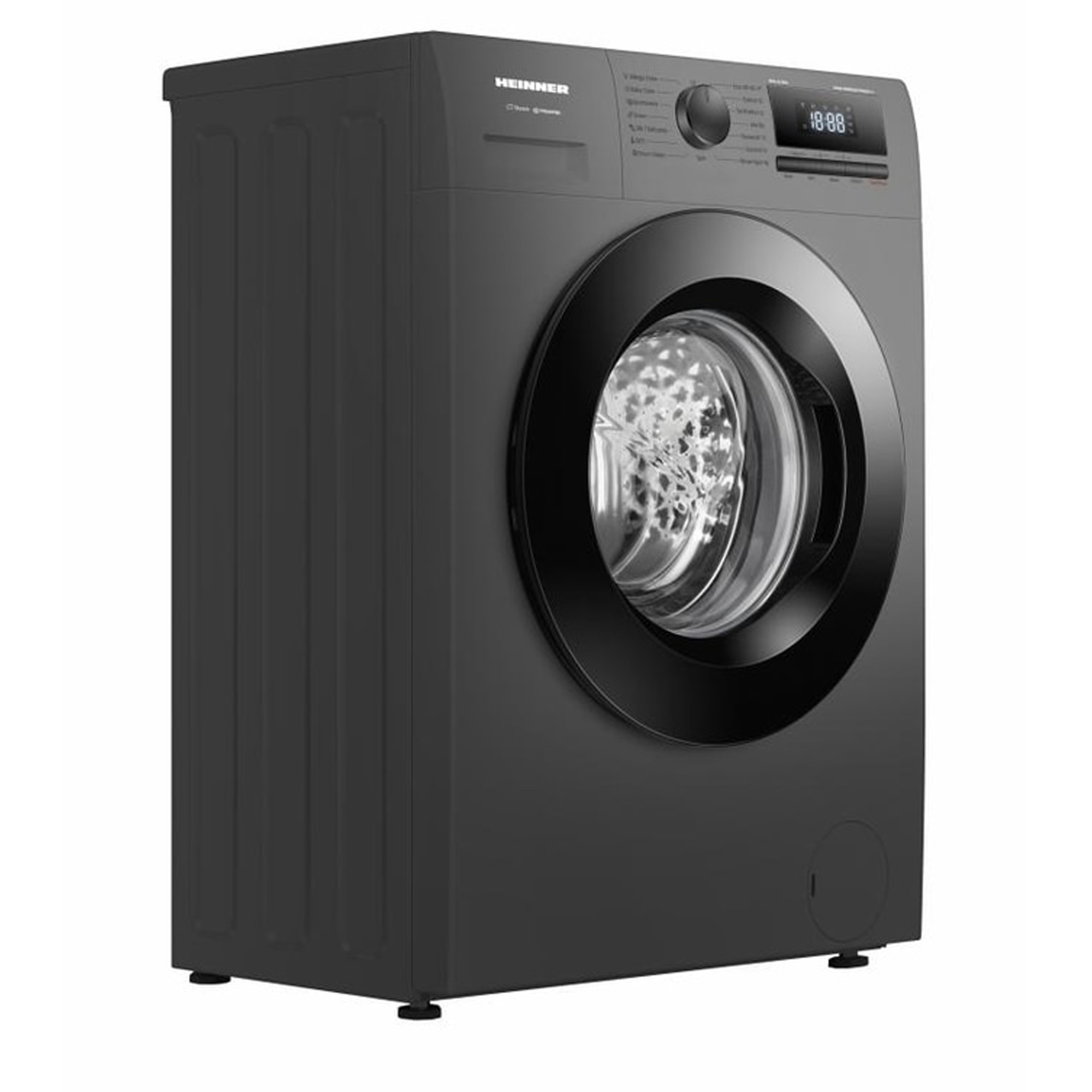 Moderne donkergrijze wasmachine met digitaal display en glazen deur tegen witte achtergrond.