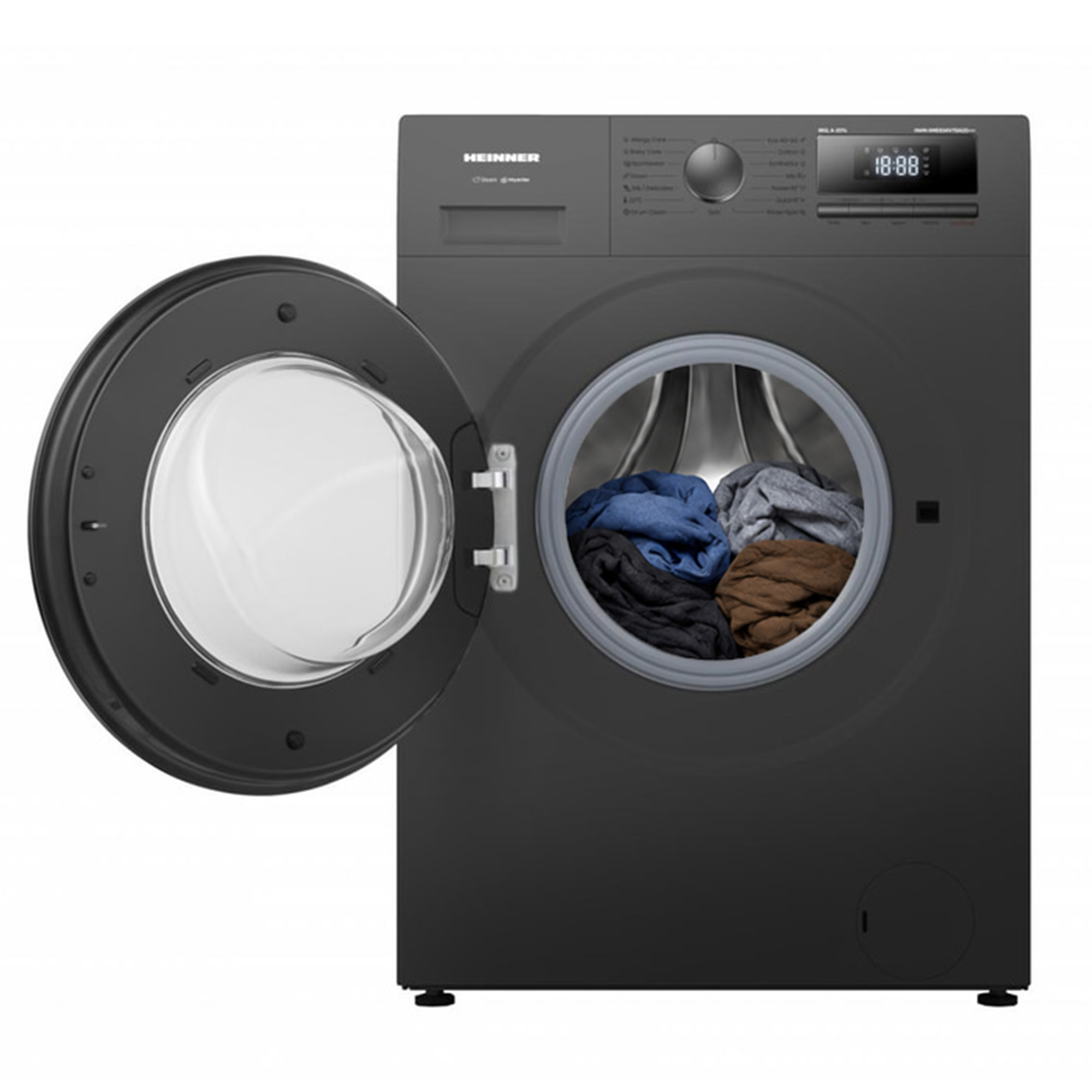 Een grijze Heinner wasmachine met open deur en gekleurde was in de trommel tegen een witte achtergrond.