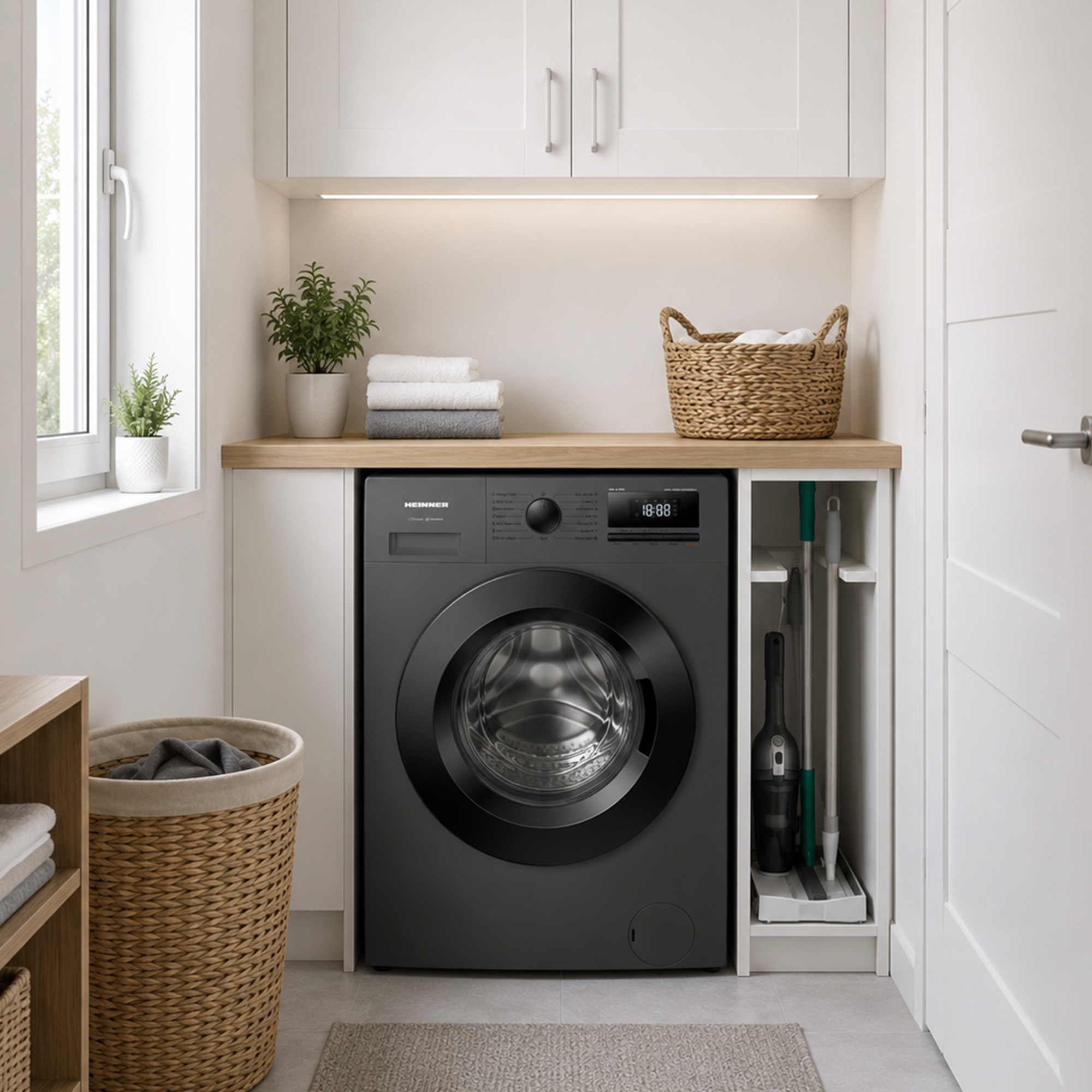 Moderne bijkeuken met grijze wasmachine, houten aanrechtblad, gevouwen handdoeken, planten en een rieten mand.