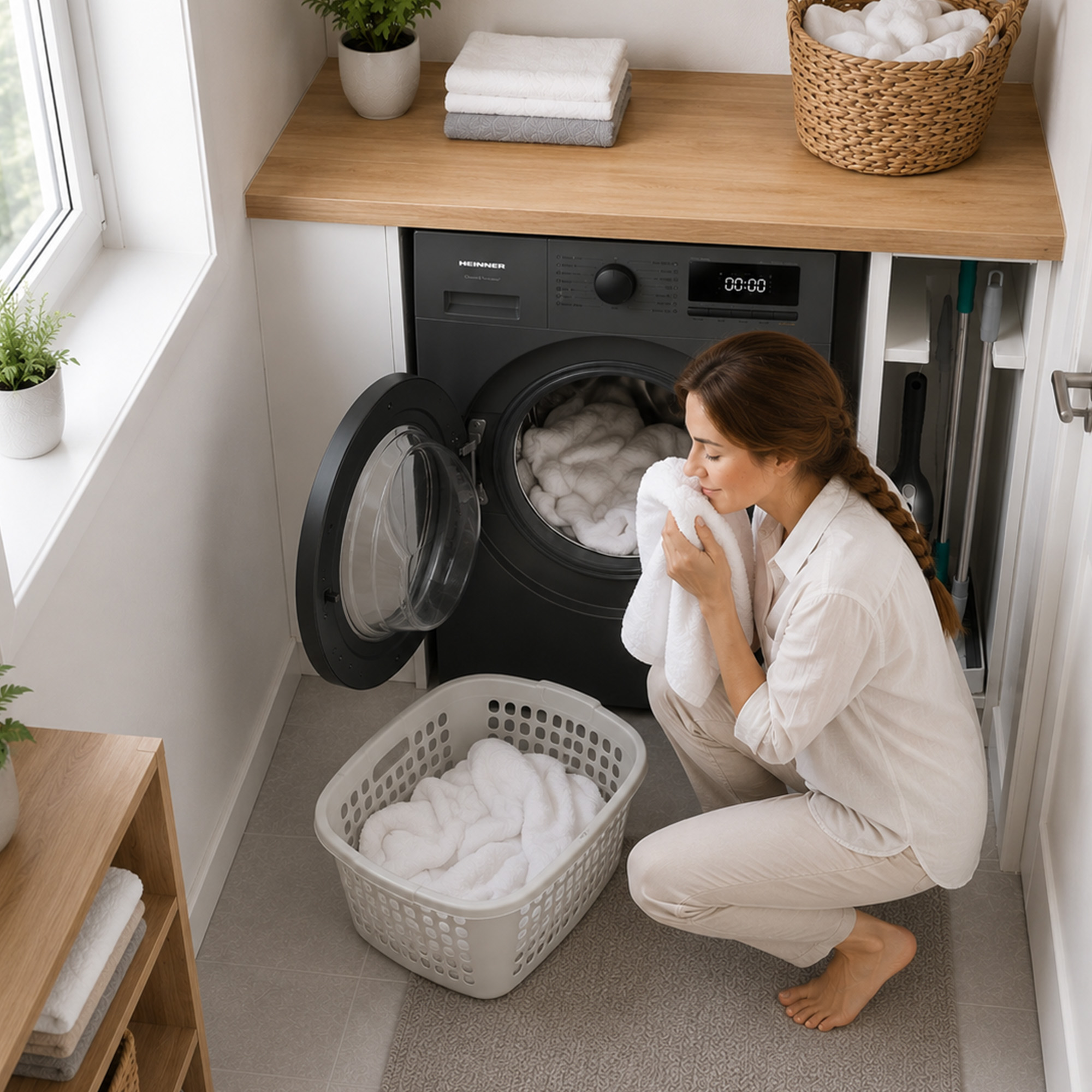 Een vrouw in de bijkeuken knielt en ruikt aan een schone witte handdoek naast een zwarte wasmachine.