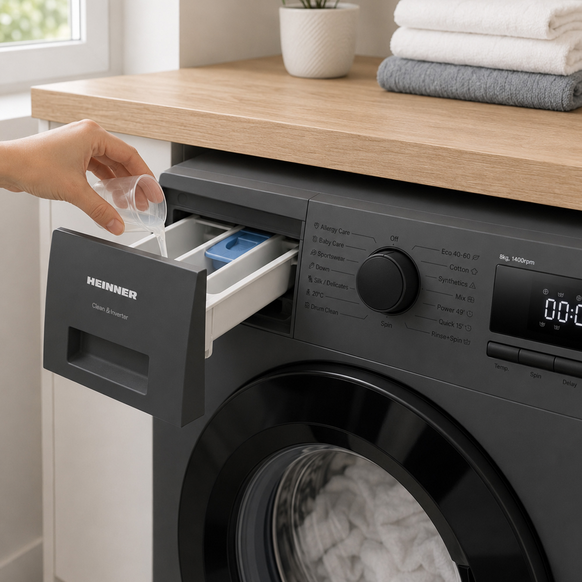 Hand giet wasmiddel in de open lade van een donkere Heinner wasmachine.