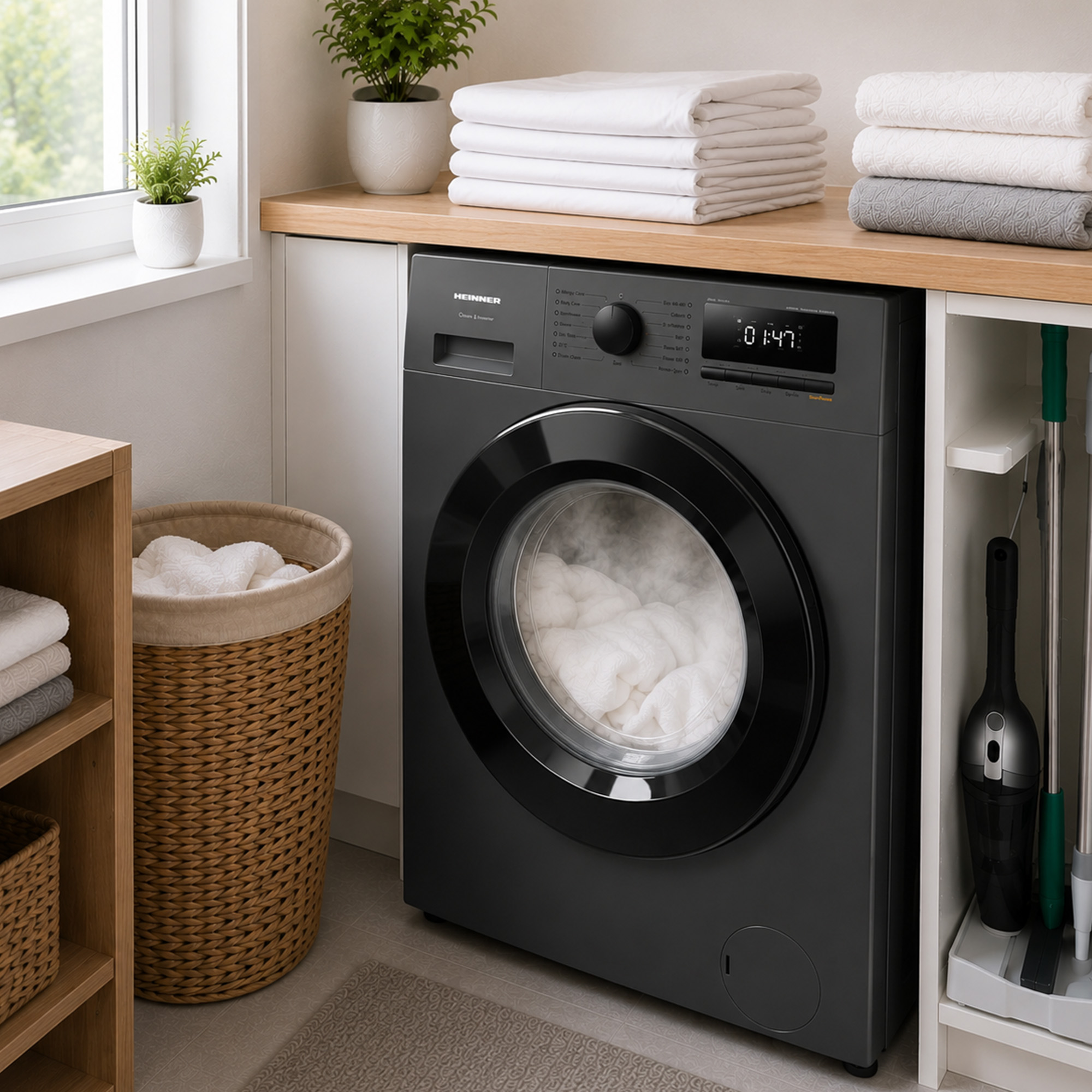 Een zwarte wasmachine staat in een lichte kamer, omringd door gevouwen handdoeken en een wasmand.