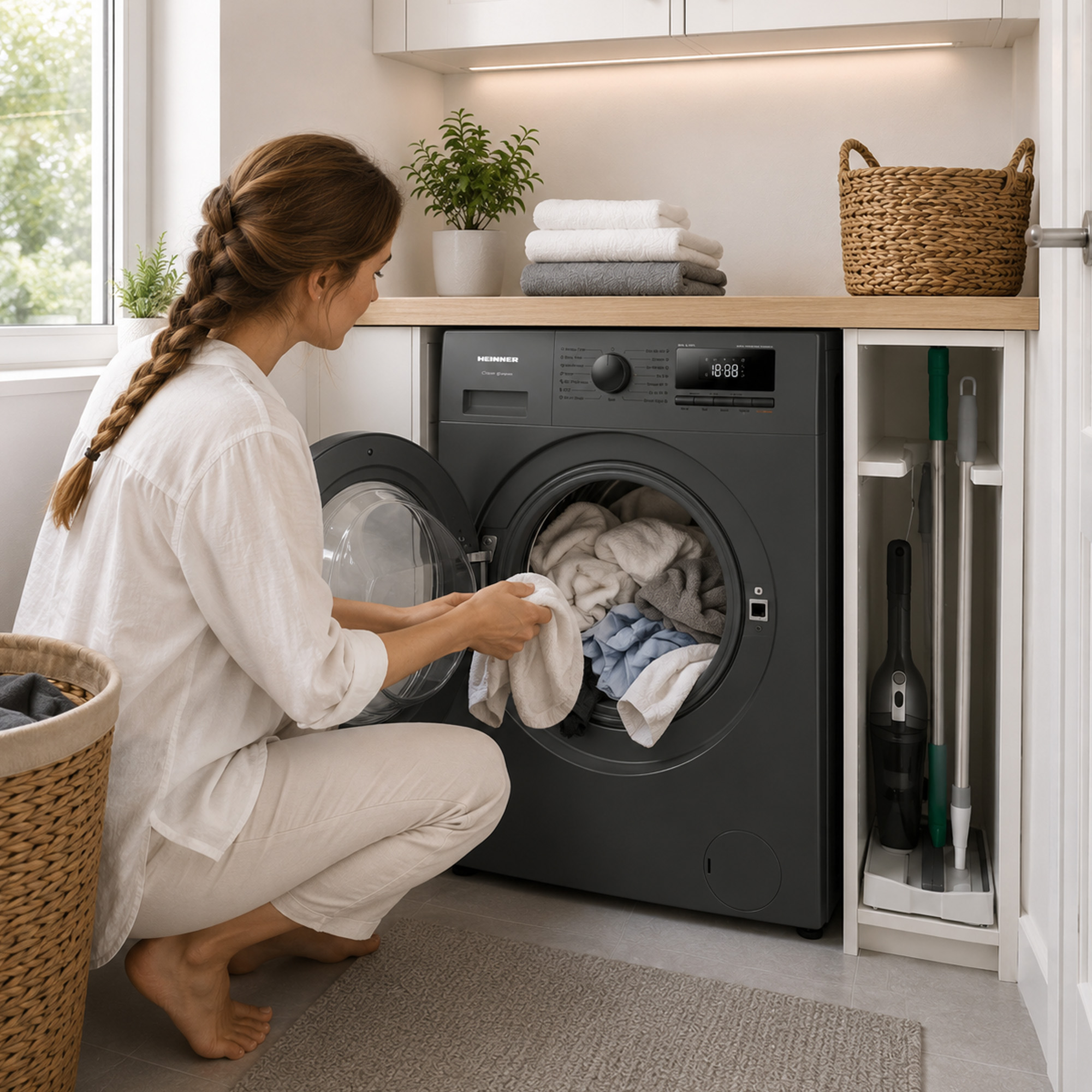 Een vrouw laadt witte was in een donkergrijze wasmachine.