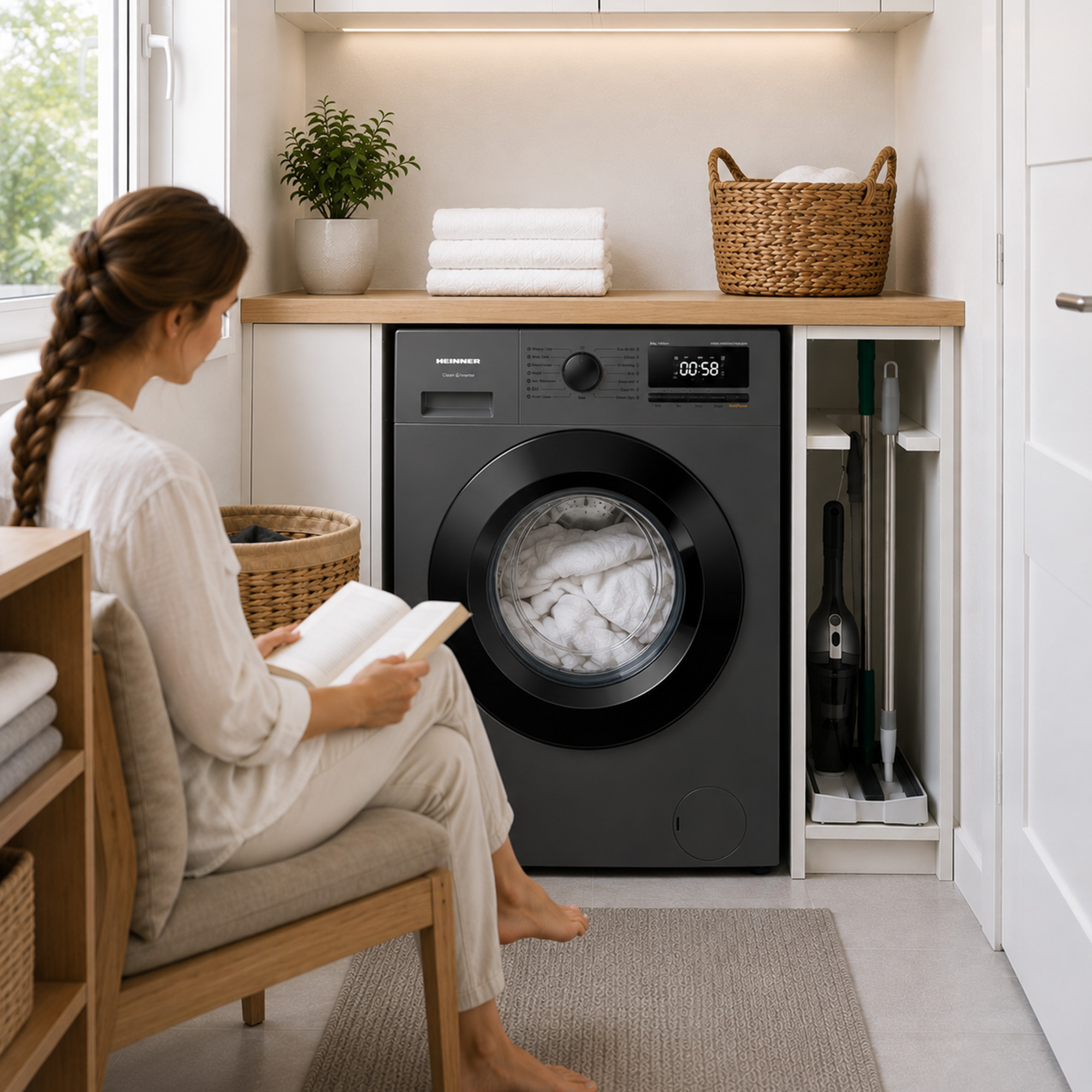 Une femme est assise sur une chaise dans une buanderie, lisant un livre devant un lave-linge noir.