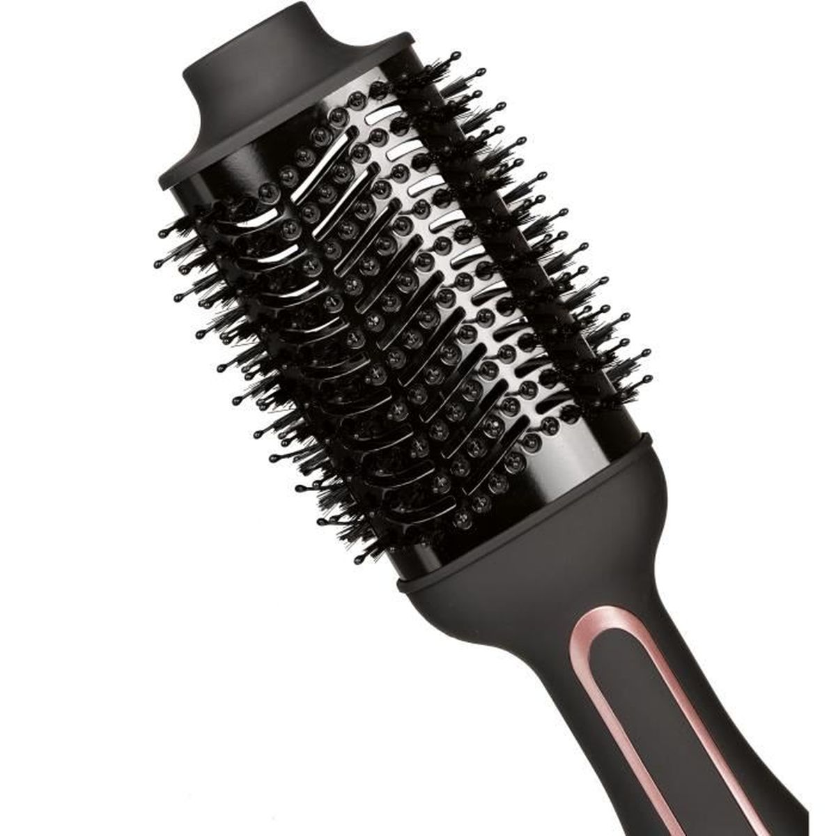 Eine schwarze Haarbürste mit runder Form und roségoldenen Akzenten vor weißem Hintergrund.