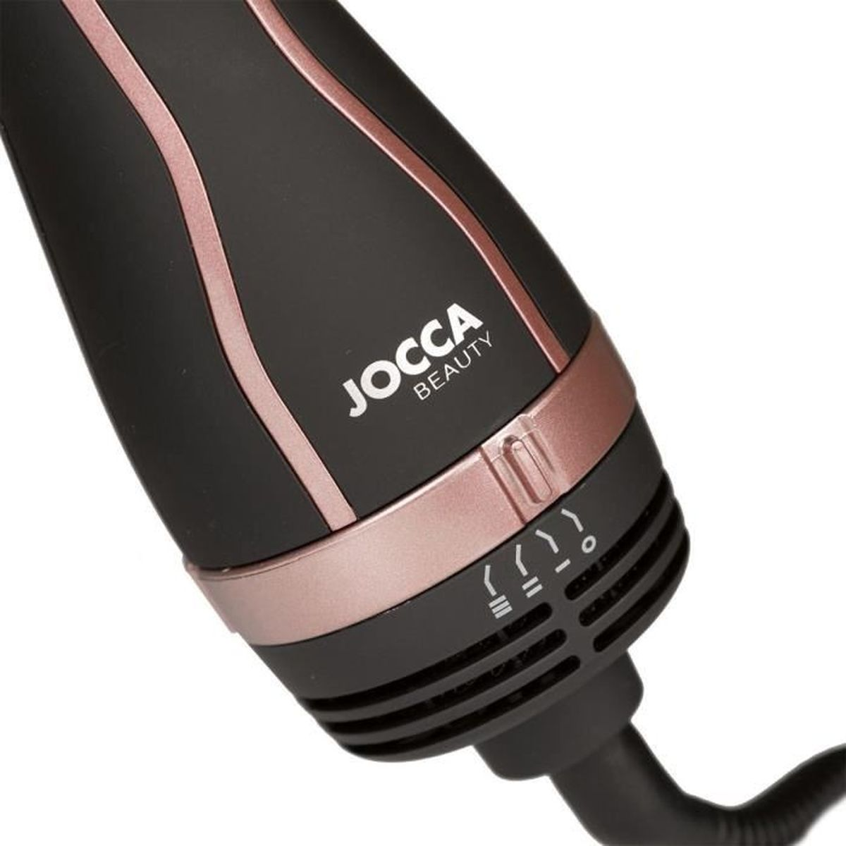 Ein schwarzer Föhn mit Roségold-Akzenten und der Aufschrift Jocca Beauty.