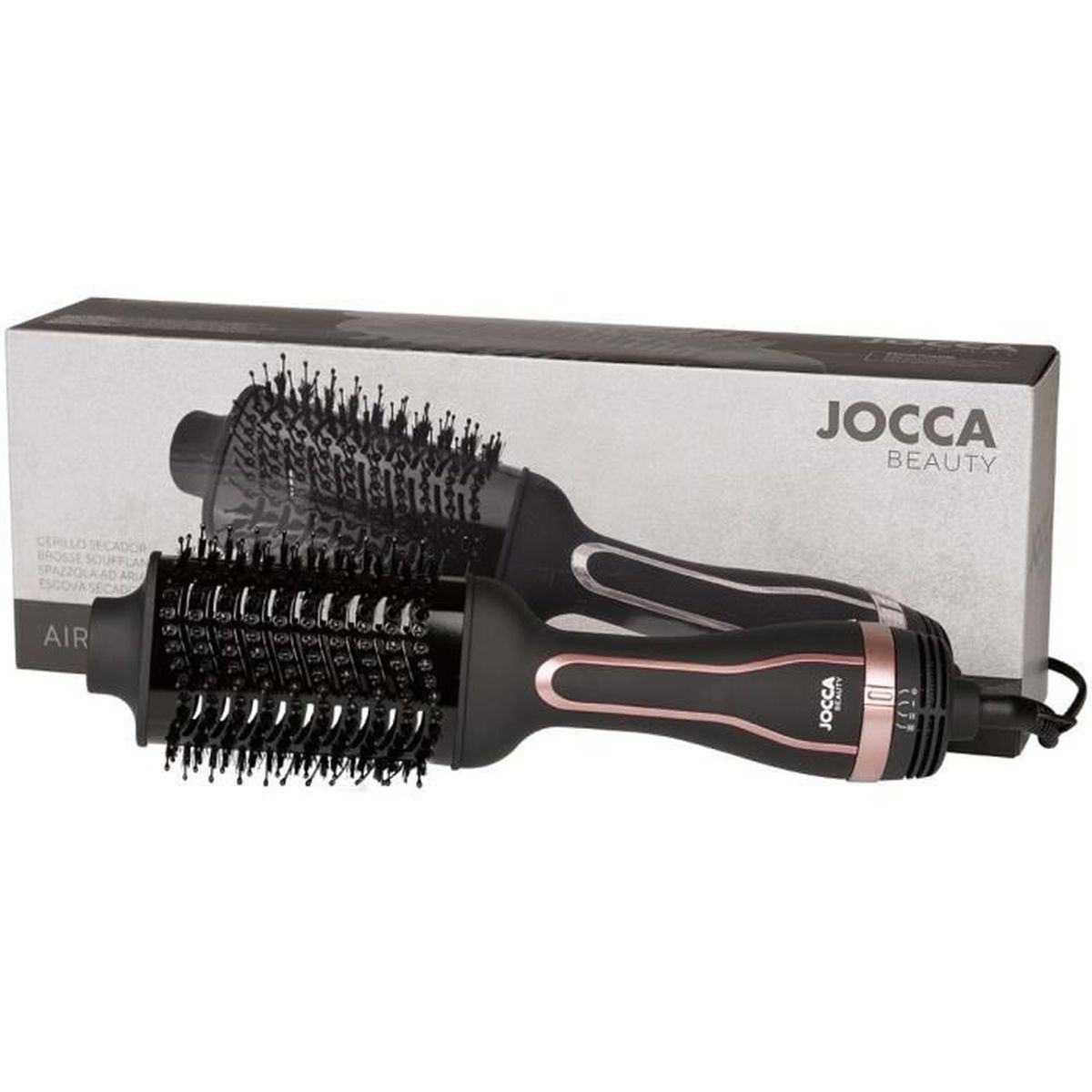 Eine schwarze und roségoldene Jocca Beauty Warmluftbürste liegt vor ihrer grauen Verpackungsbox.
