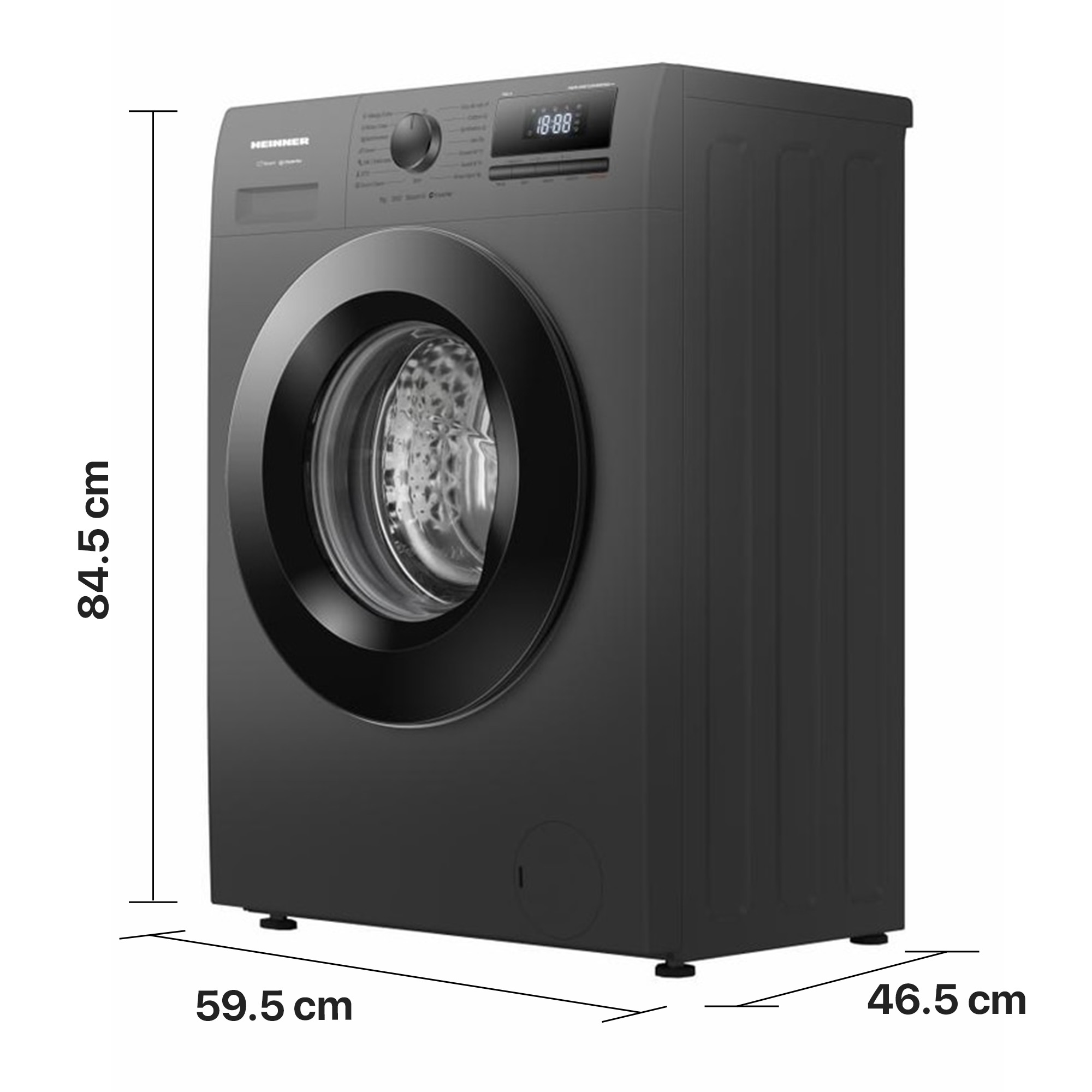 Donkere wasmachine met afmetingen: hoogte 84,5 cm, breedte 59,5 cm, diepte 46,5 cm.