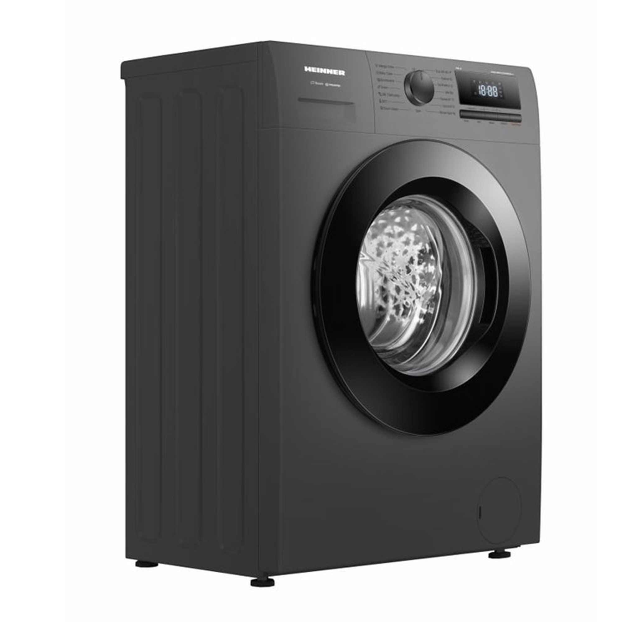 Moderne grijze Heinner wasmachine met zwarte deur en digitaal bedieningspaneel op witte achtergrond.