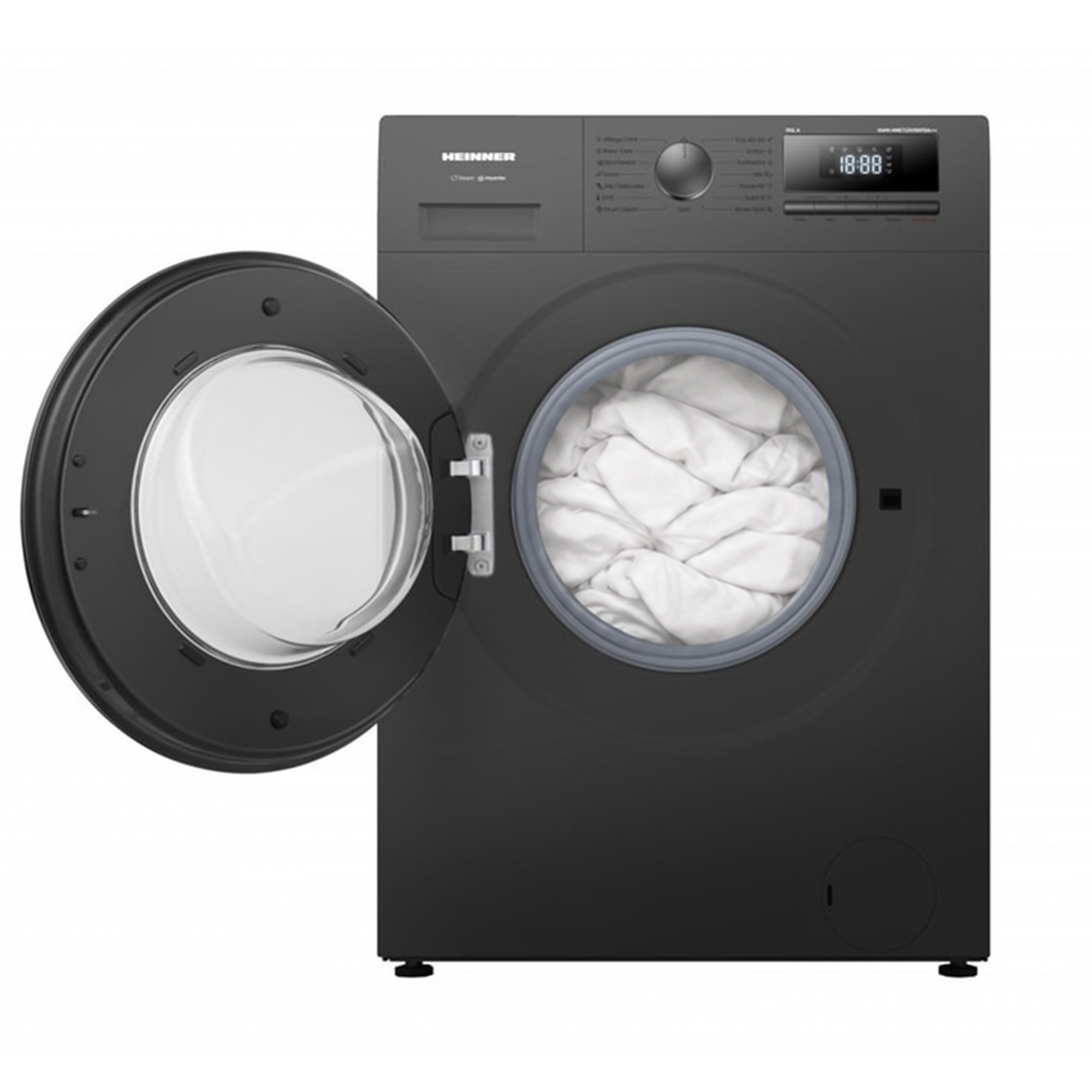 Een zwarte Heinner wasmachine met een open deur en witte was in de trommel.
