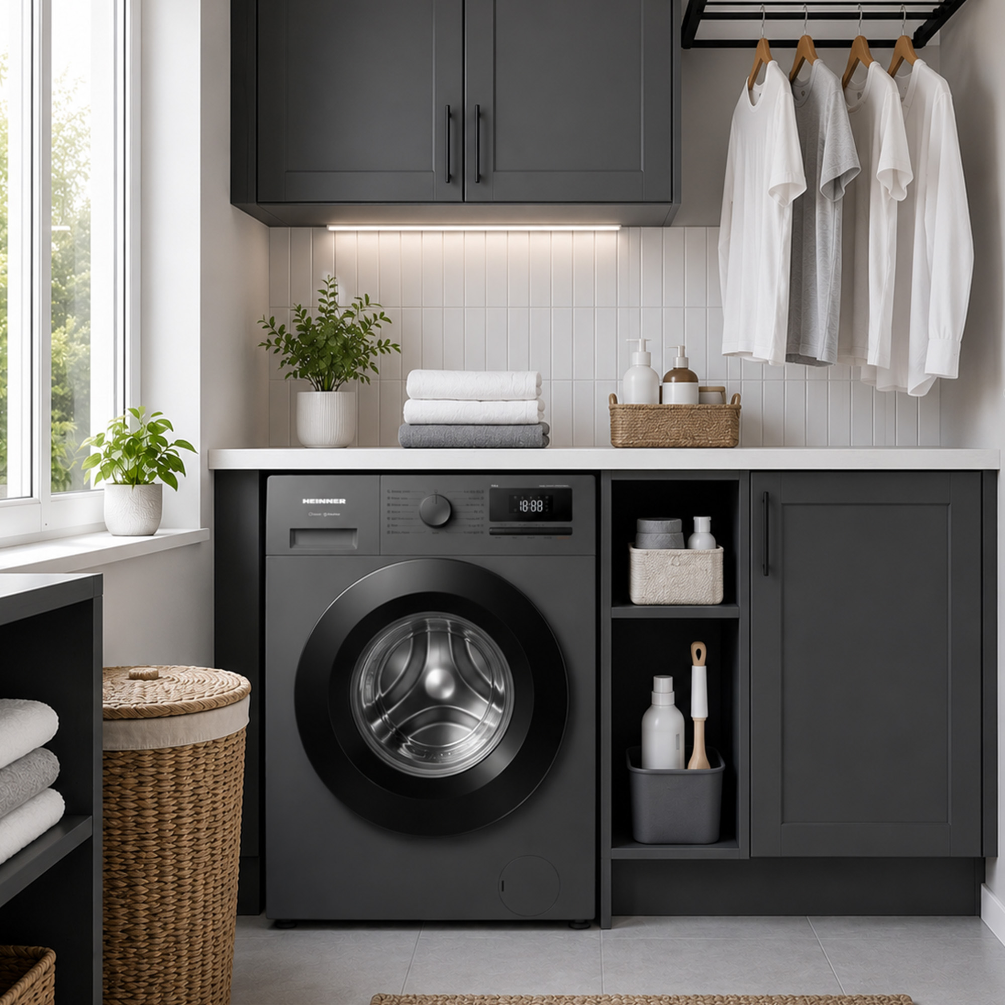 Moderne wasruimte met zwarte wasmachine, donkere kasten, hangende kleding en opgevouwen handdoeken.